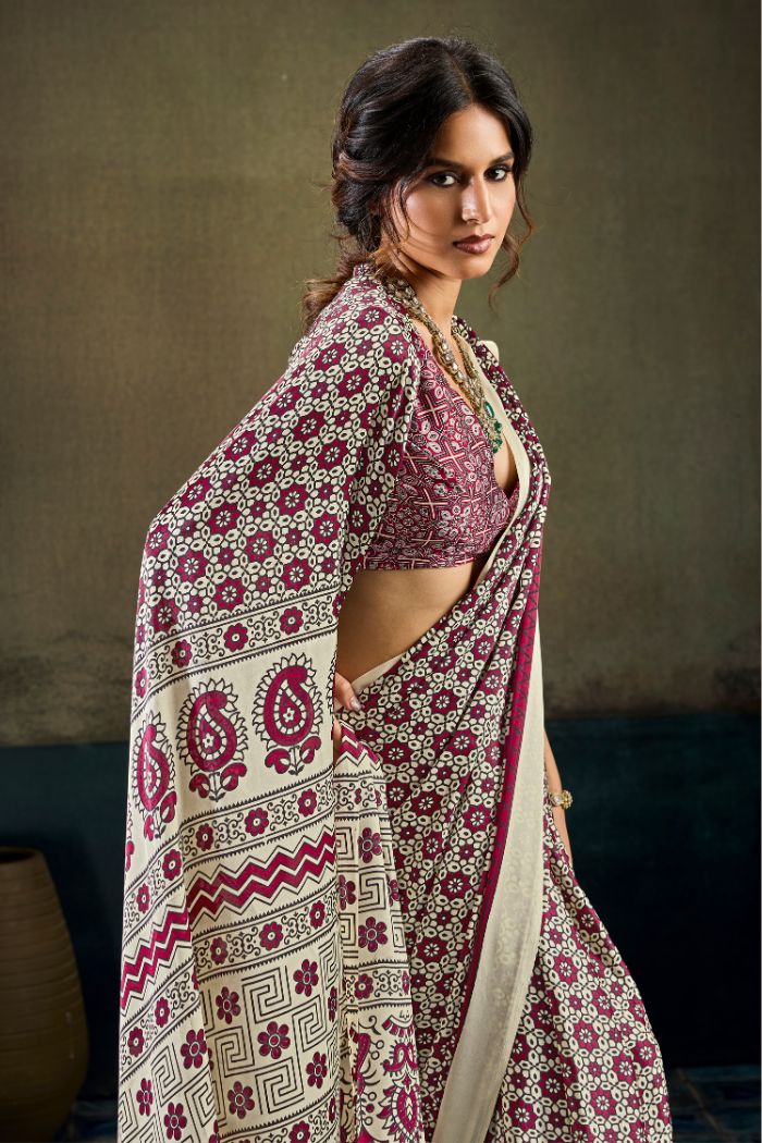 Buy MySilkLove Salt Cream and Maroon Modal Ajrakh Satin Printed Silk Saree Online