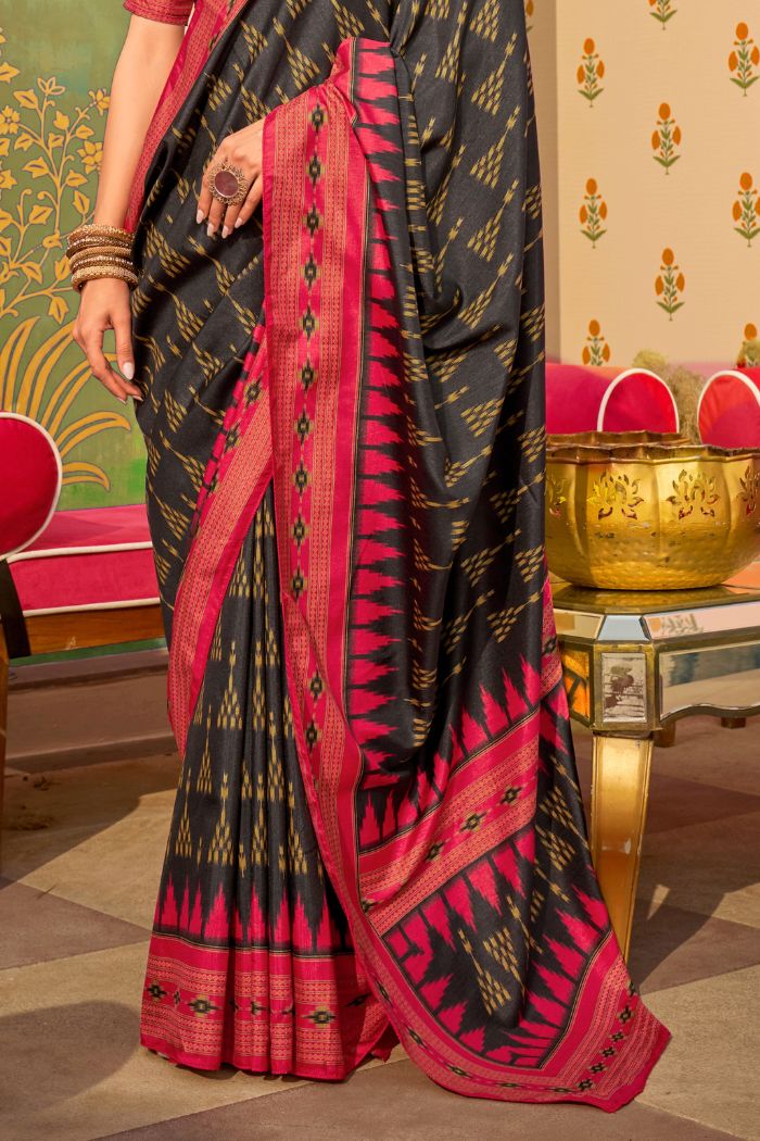 Buy MySilkLove Black Paper Printed Banarasi Soft Silk Saree Online