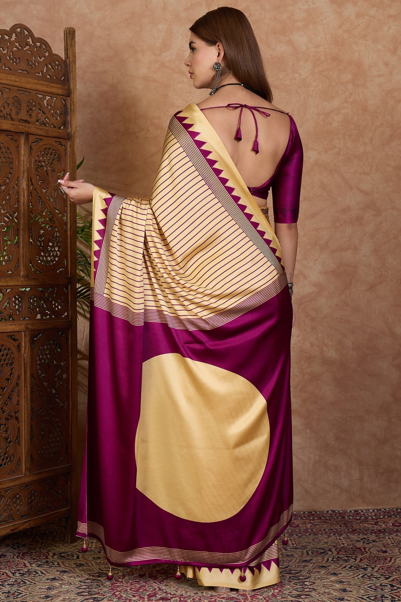 Buy MySilkLove Fawn Cream and Purple Stripe Ajrakh Printed Satin Crepe Silk Saree Online