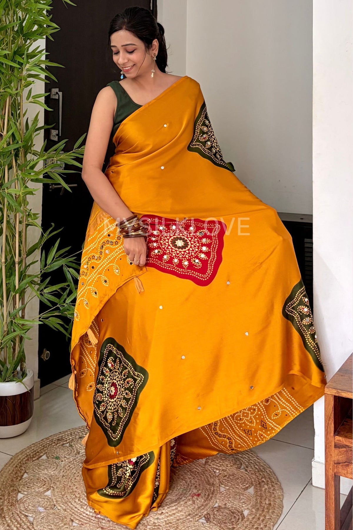 Buy MySilkLove Canary Yellow Satin Printed Bandhani Mirror Work Saree Online
