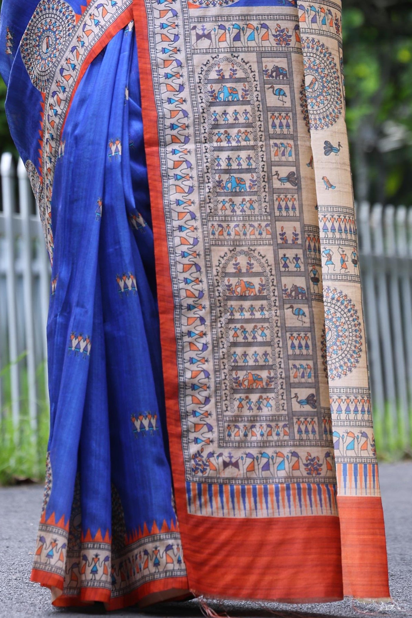 Buy MySilkLove Berkeley Blue Madhubani Tussar Printed Silk Saree Online