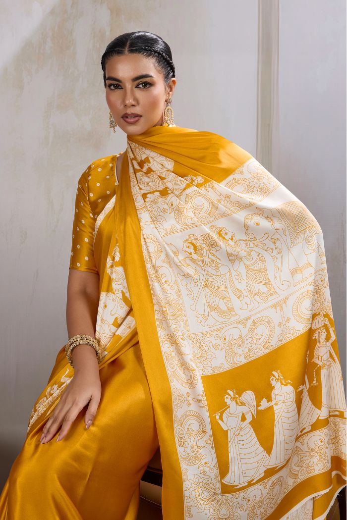Buy MySilkLove Saffron Yellow Modal Ajrakh Printed Satin Silk Saree Online