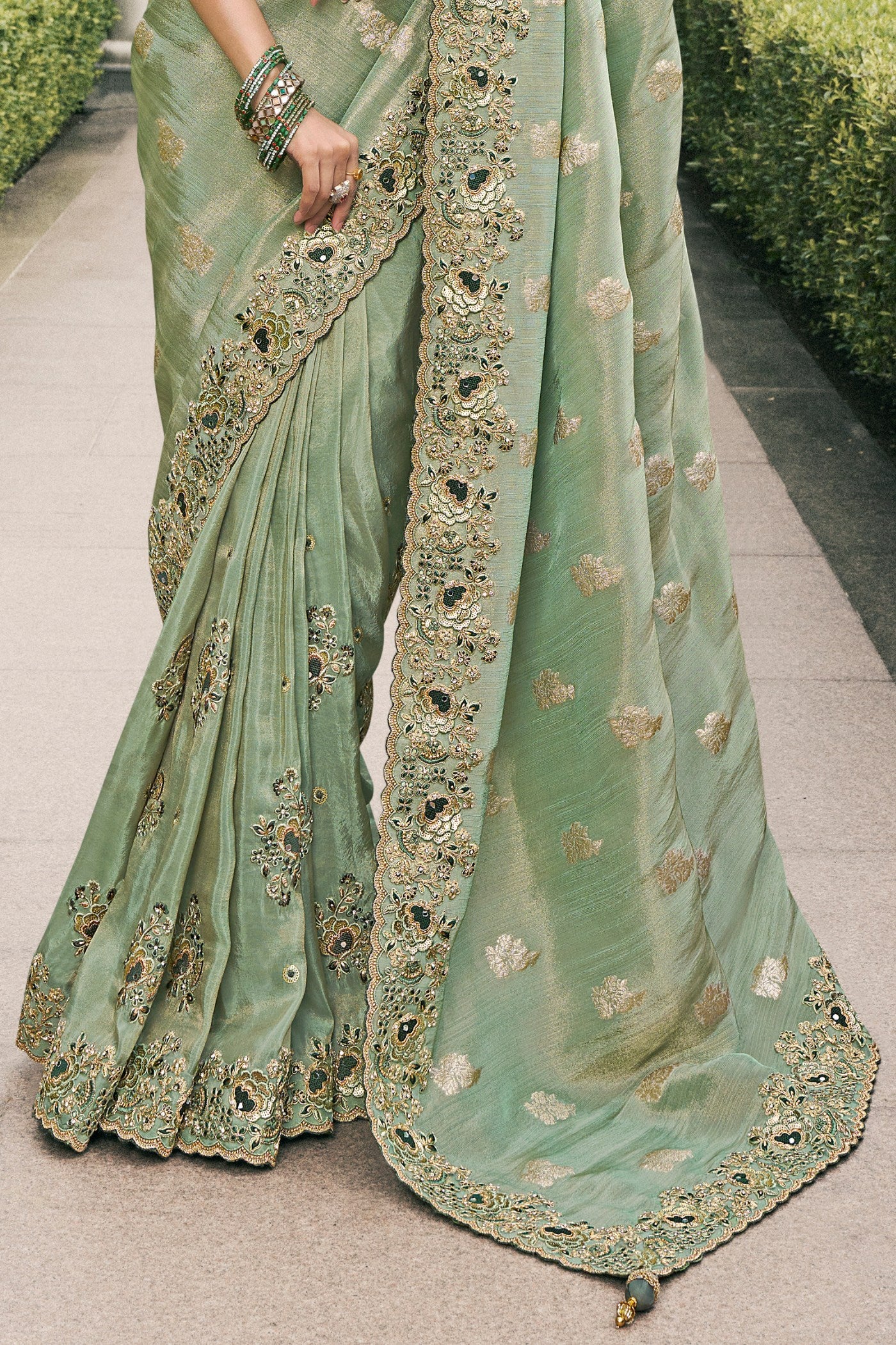 Buy MySilkLove Tallow Green Banarasi Designer Embroidered Saree Online