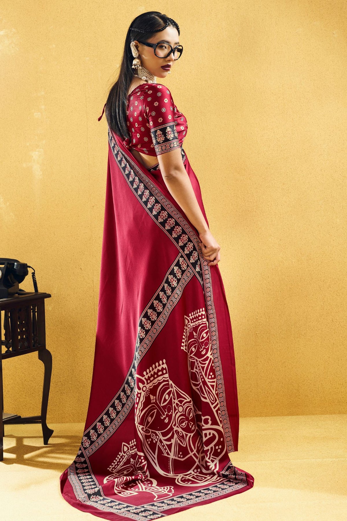 Buy MySilkLove Ruby Red Modal Ajrakh Satin Printed Silk Saree Online