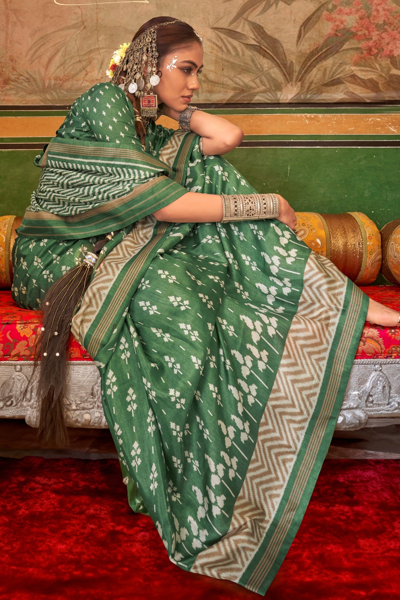 Buy MySilkLove Camouflage Green Printed Patola Saree Online