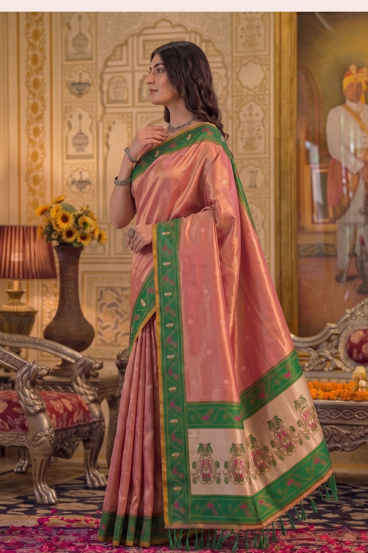 Buy MySilkLove Ocean Mist Pink Woven Tissue Silk Saree Online