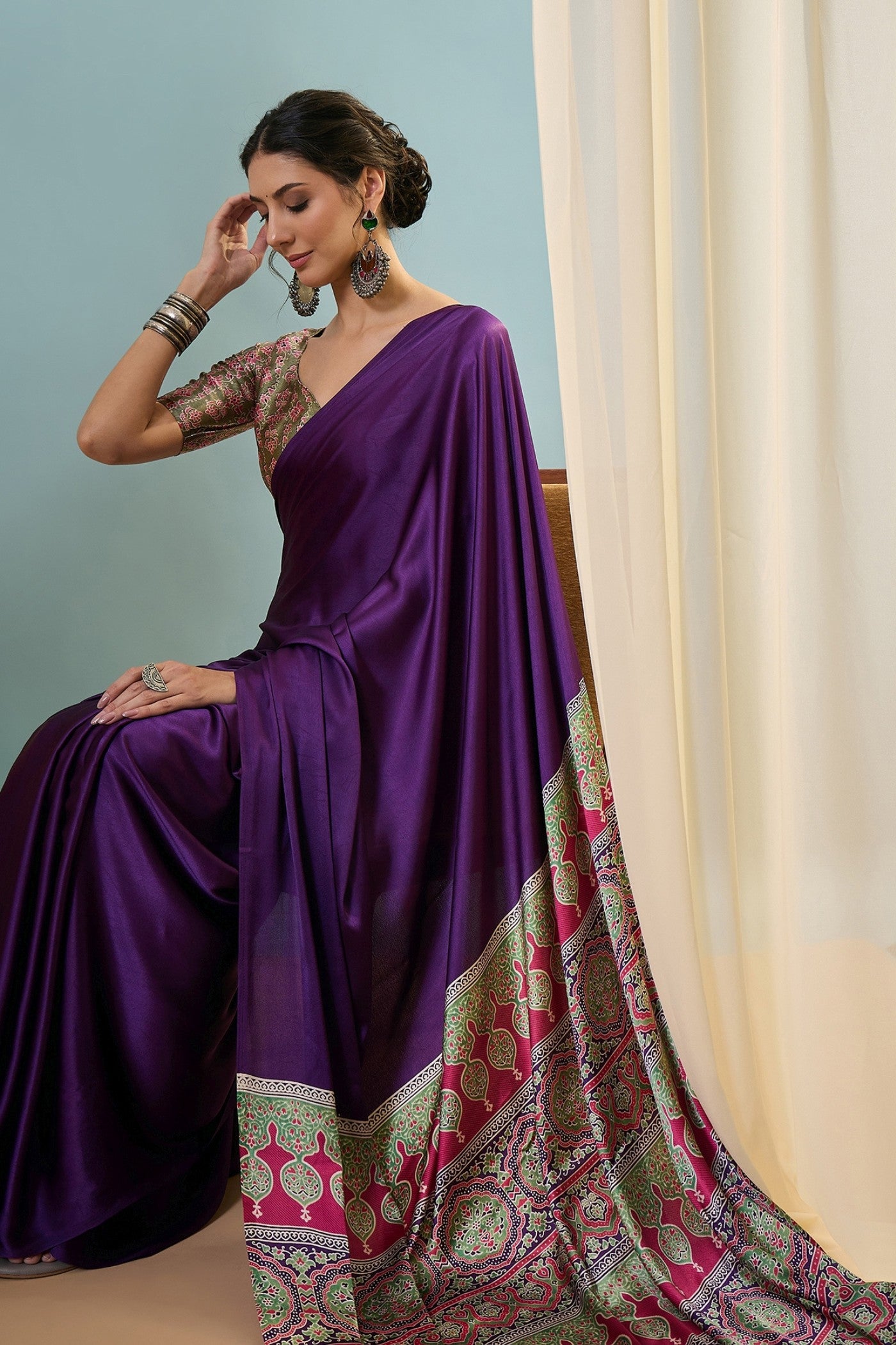 Buy MySilkLove Starlit Purple Ajrakh Printed Satin Crepe Silk Saree Online