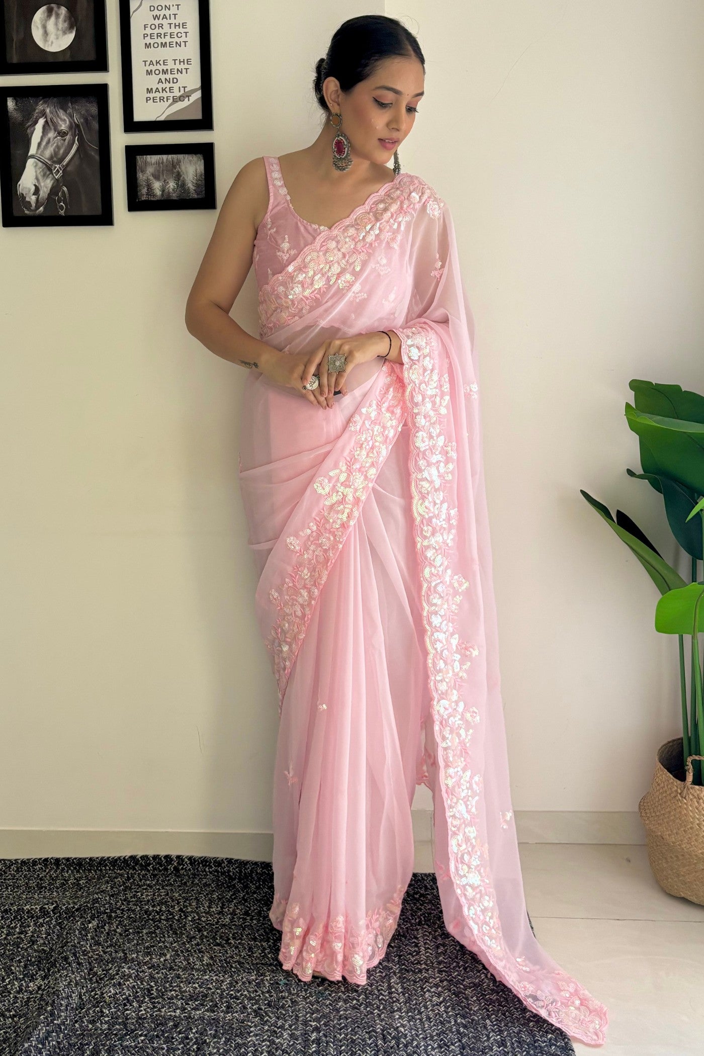 Buy MySilkLove Rose Fog Pink Embroidery Georgette saree Online