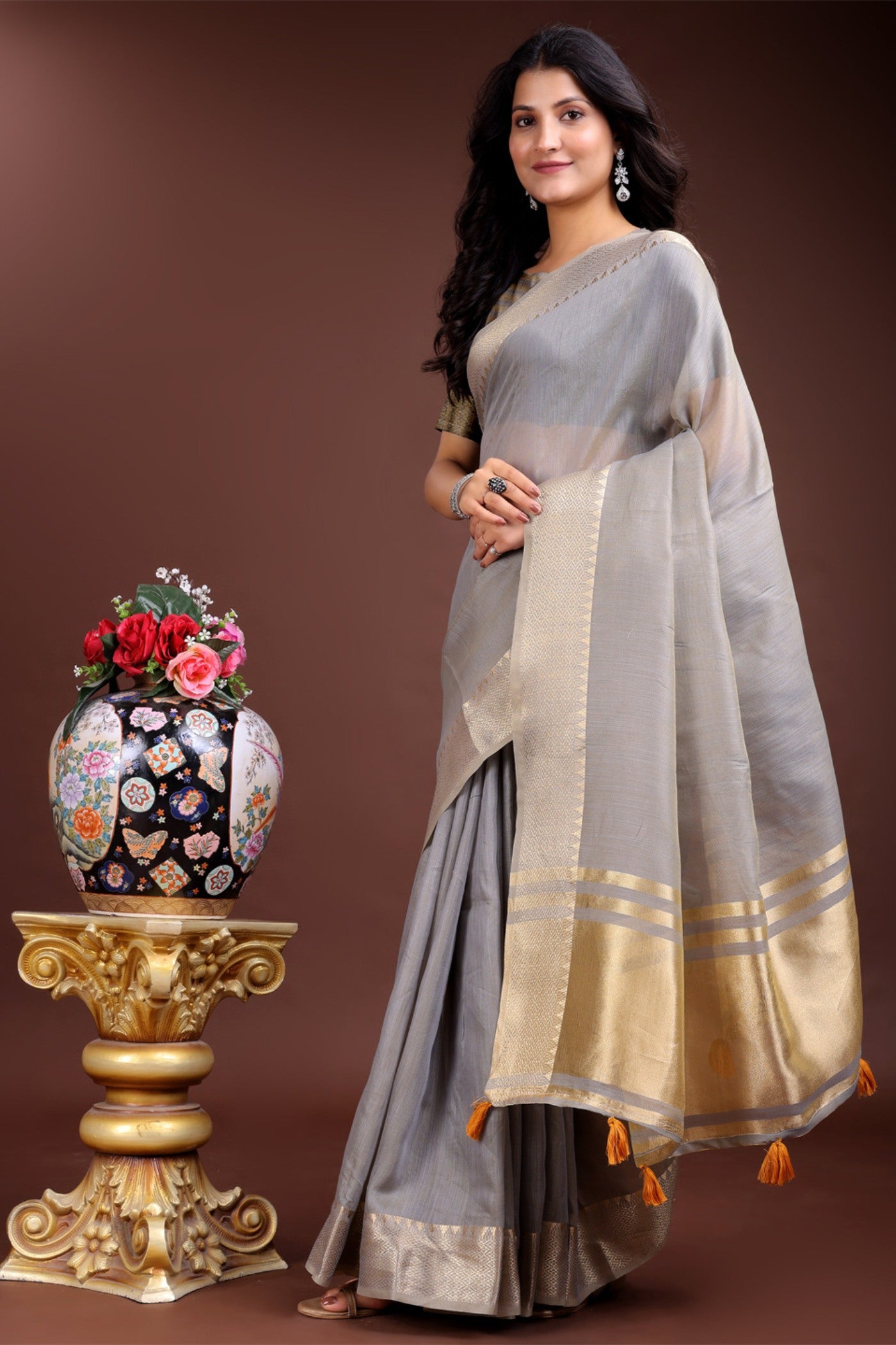 Buy MySilkLove Cloud Grey Woven Cotton Saree Online