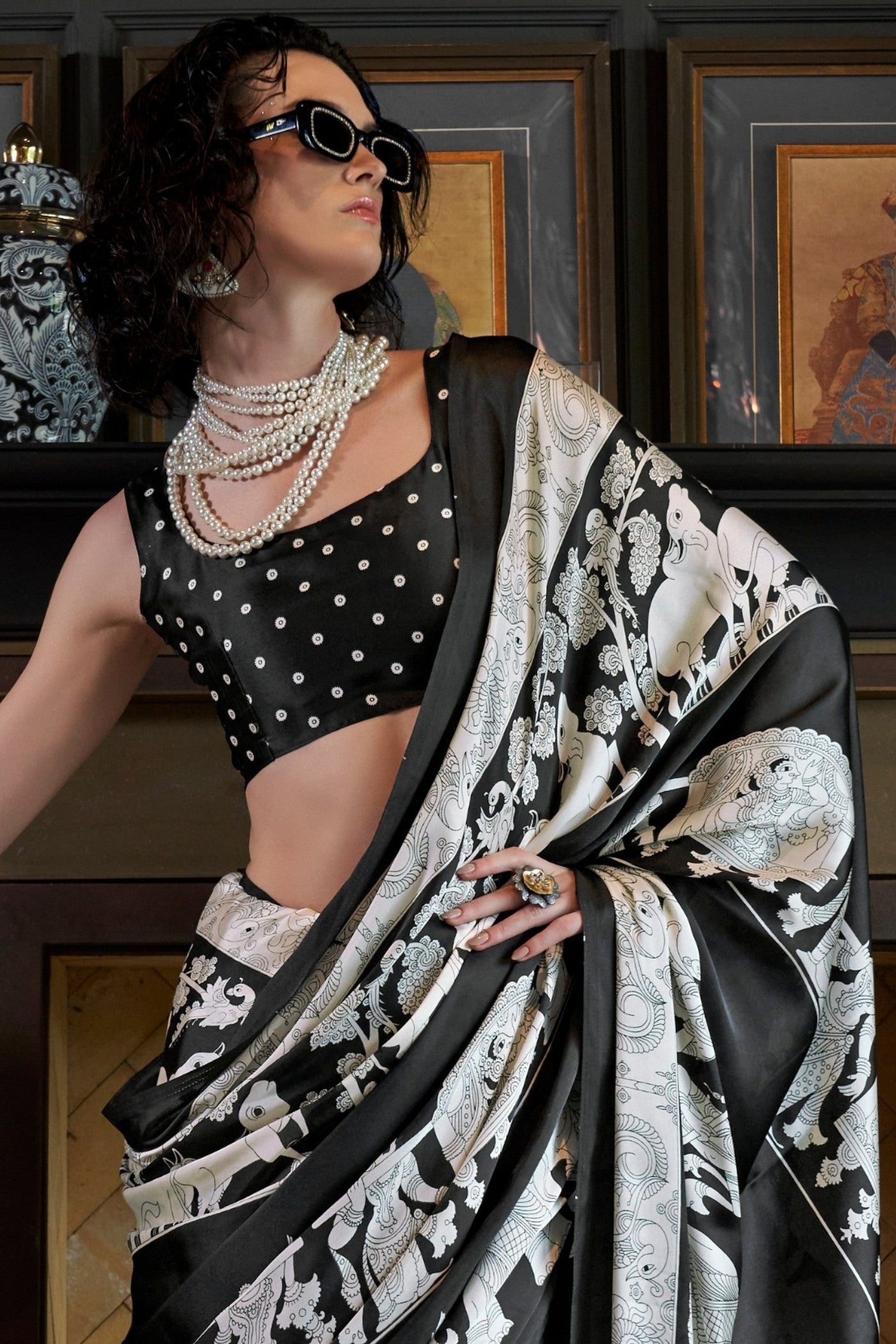 Buy MySilkLove Asher Black and White Patola Printed Satin Crepe Saree Online