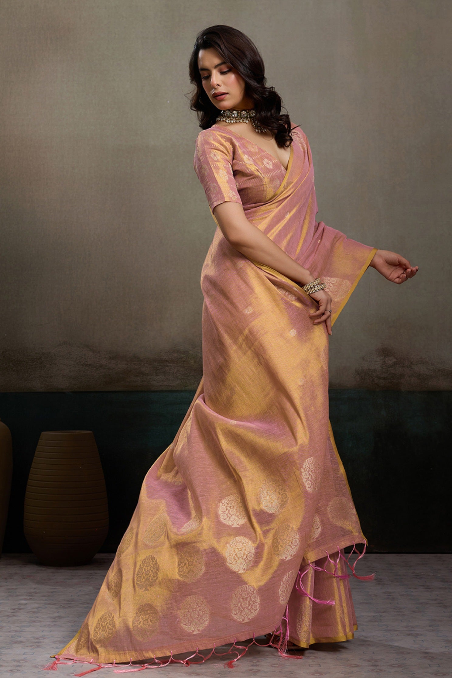 Buy MySilkLove Muted Peach Woven Tissue Saree Online