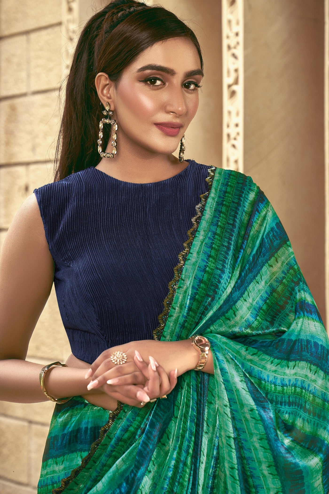 MySilkLove Amrapali Green Satin Printed Silk Saree