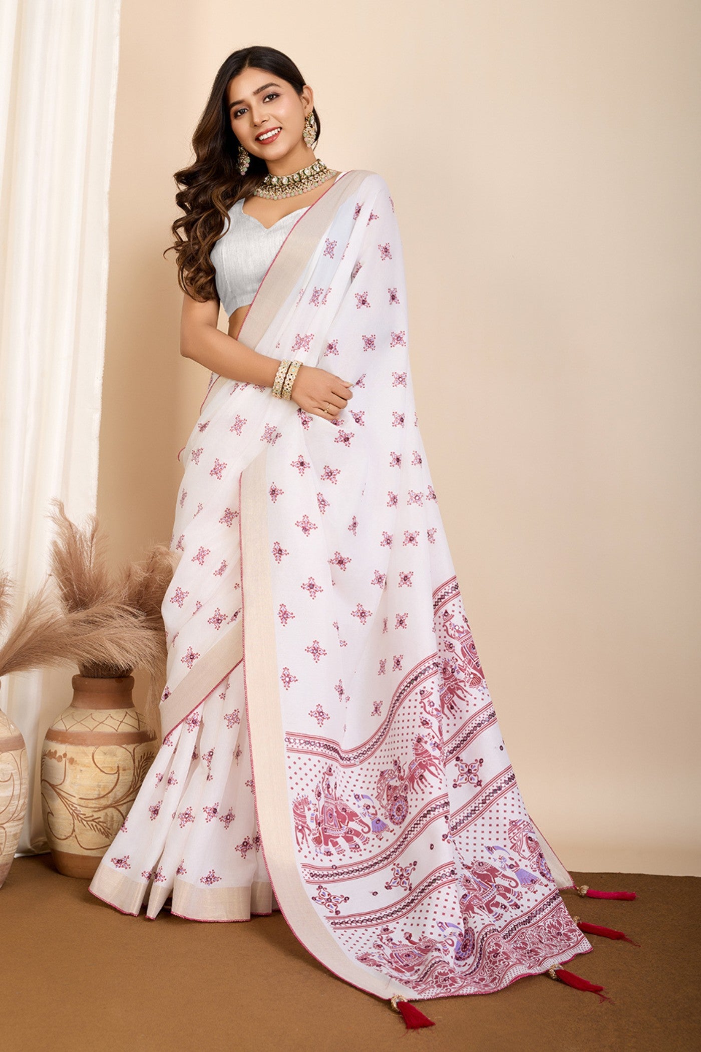 Buy MySilkLove Alice White and Pink Printed Cotton Designer Saree Online