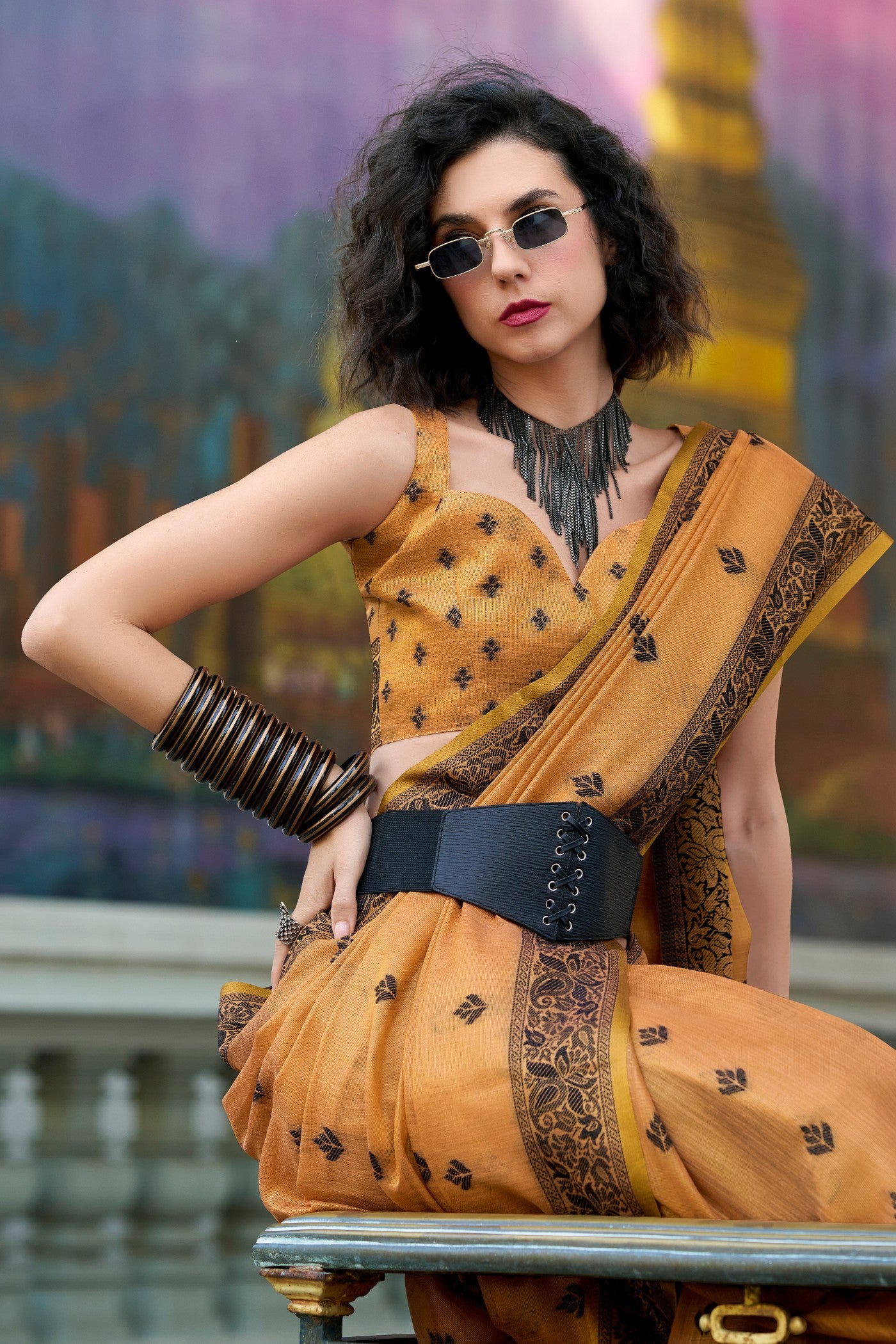 Buy MySilkLove Honey Orange Tissue Linen Saree Online