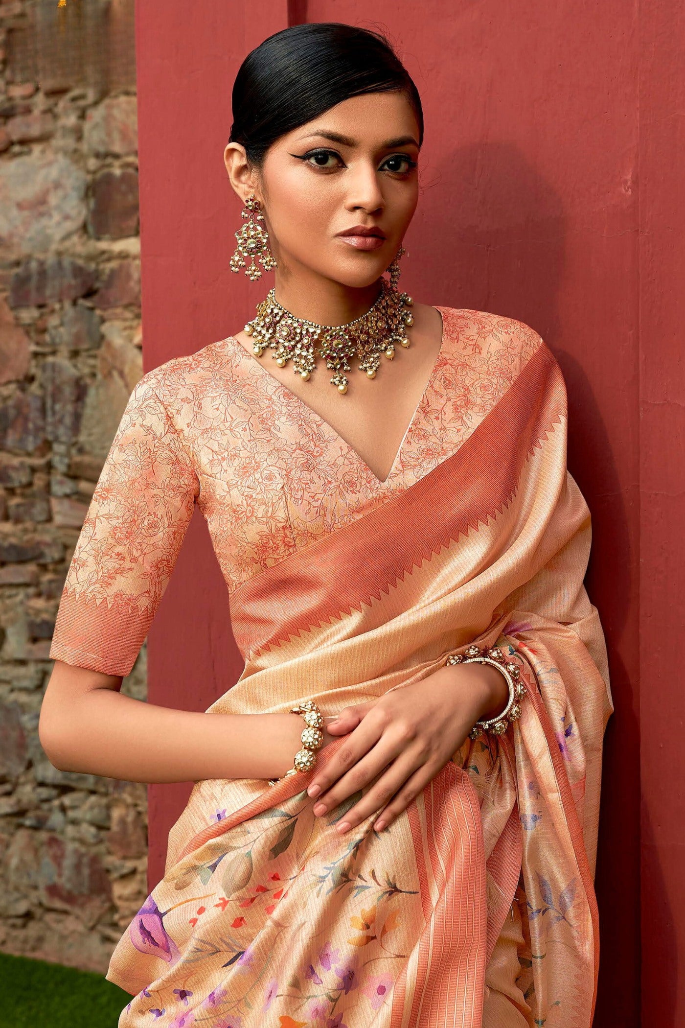 Buy MySilkLove Peach Orange Digital Printed Banarasi Saree Online