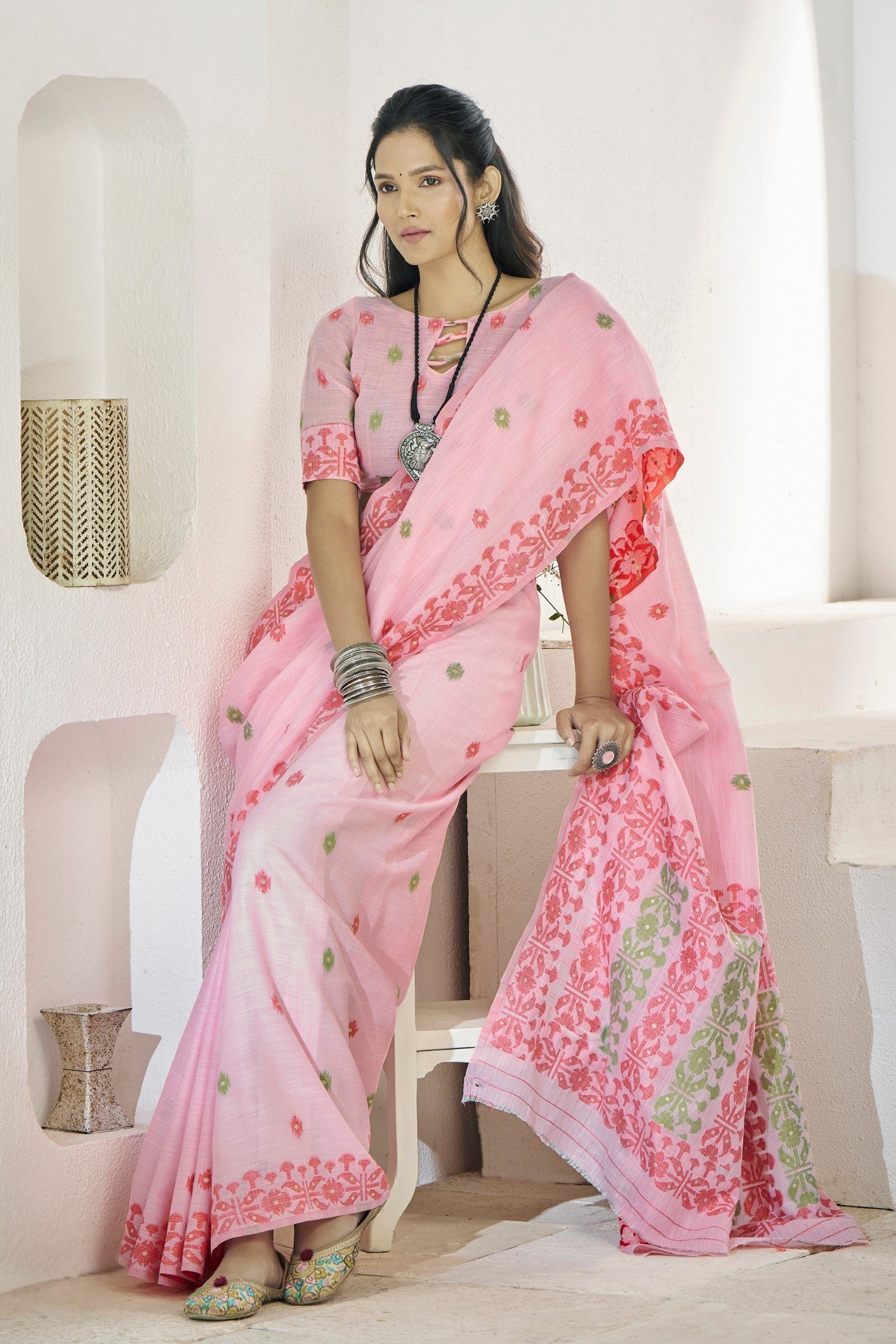 MySilkLove Beauty Bush Pink Woven Linen Saree