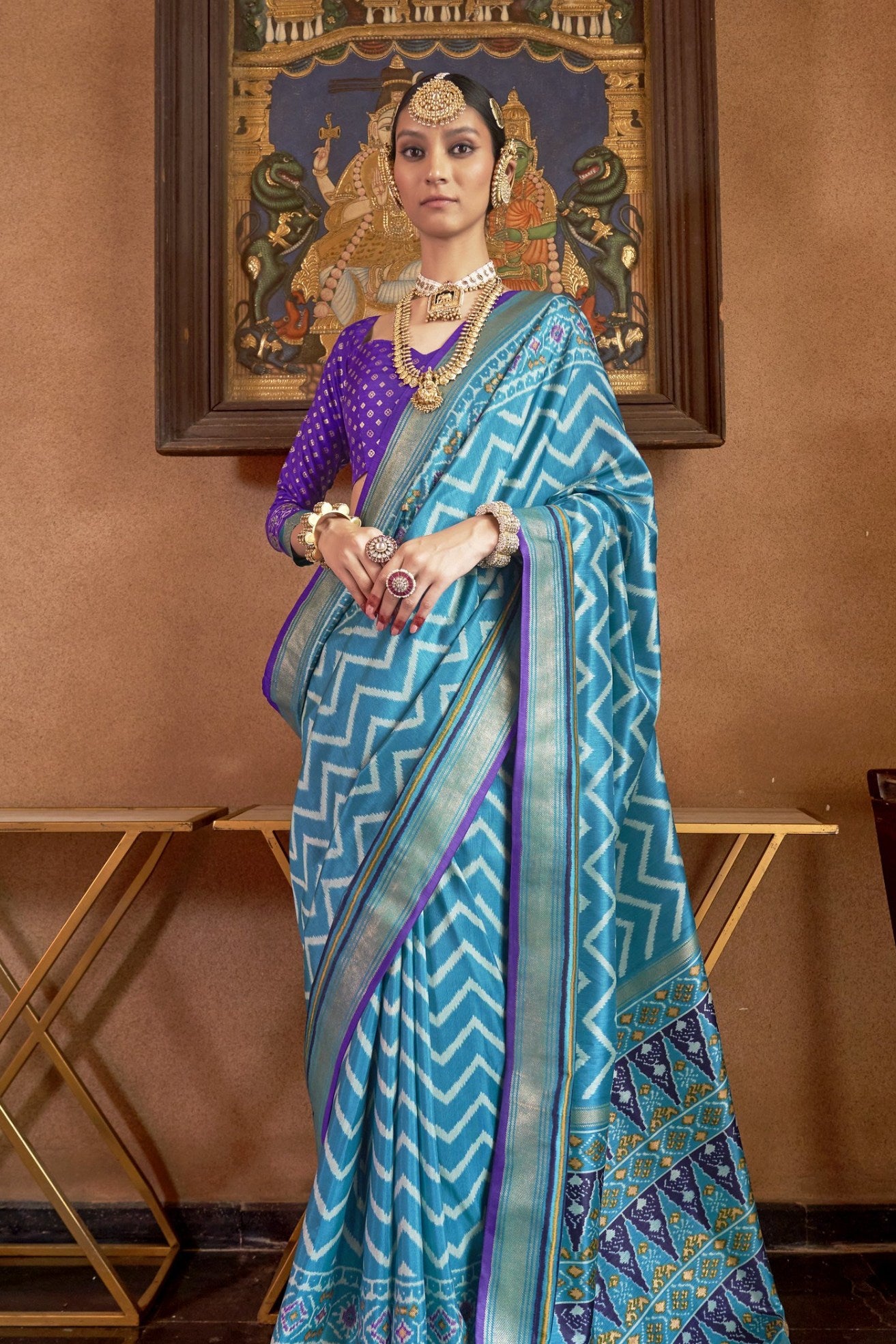 Buy MySilkLove Hippie Blue Printed Patola Saree Online