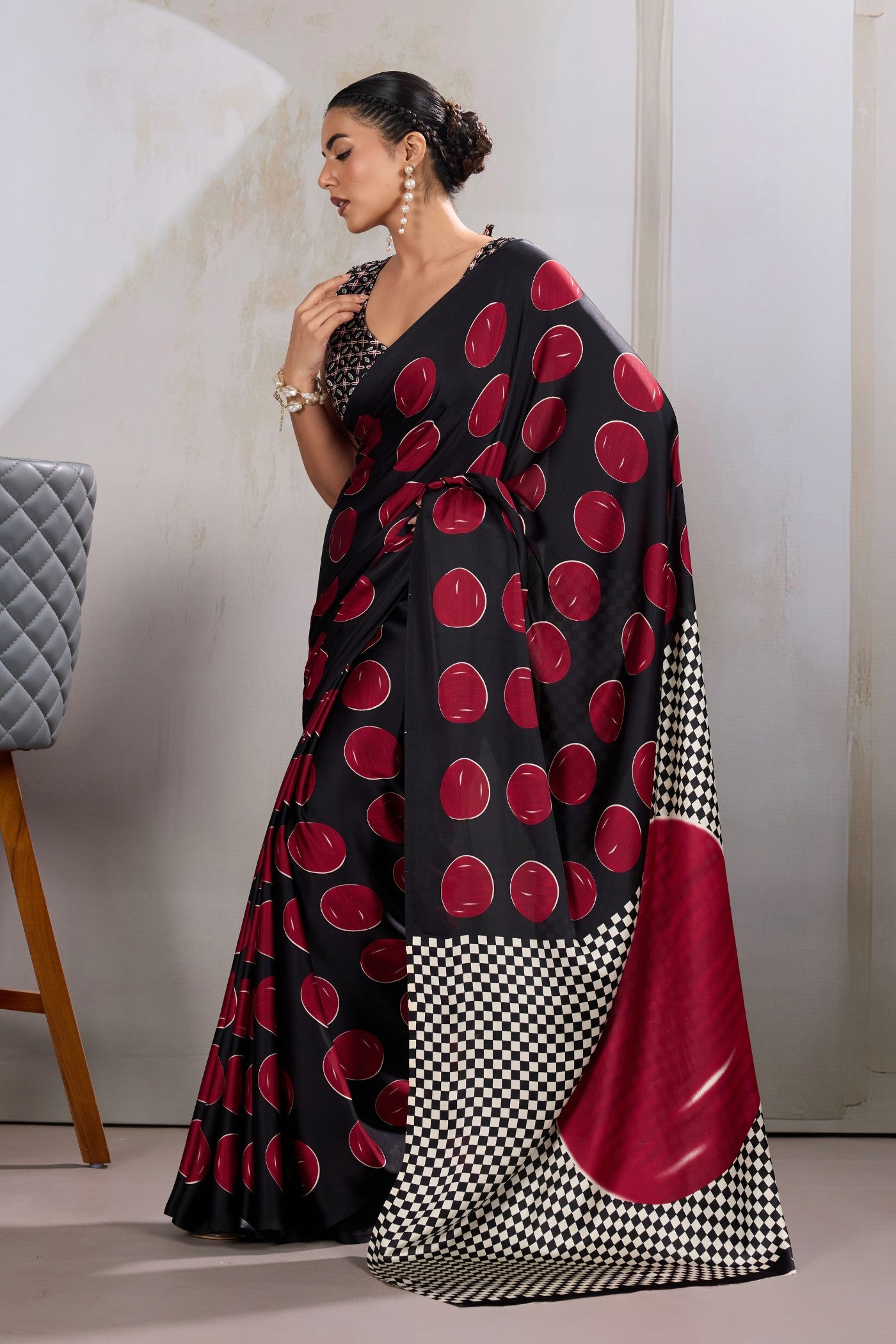Buy MySilkLove Brink Red Printed Polka Dots Satin Crepe Saree Online