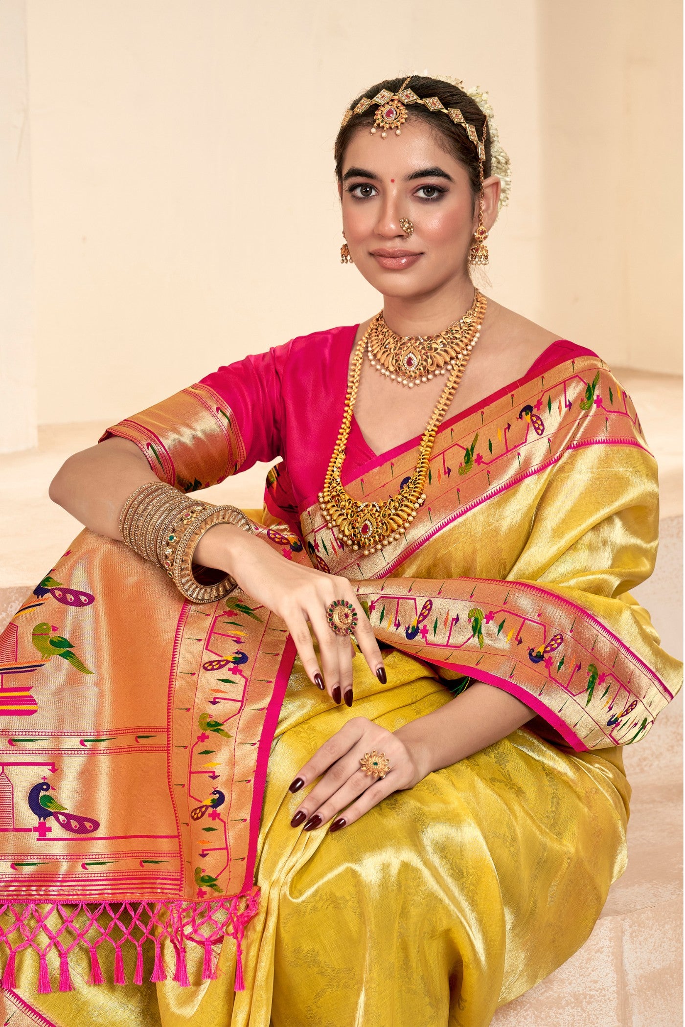 MySilkLove Bee Yellow Zari Woven Paithani Tissue Saree