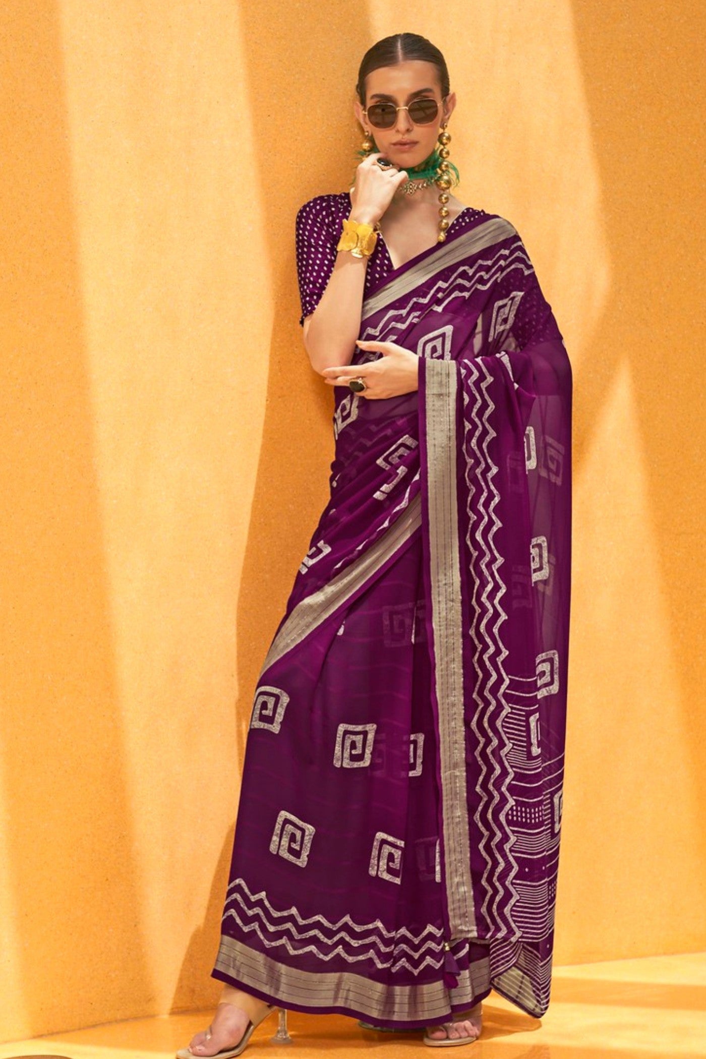 Buy MySilkLove Dark Congo Purple Georgette Printed Saree Online