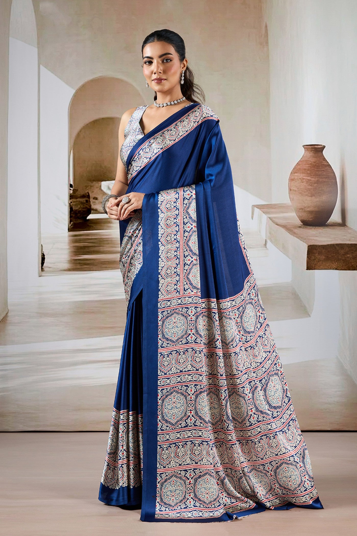 Buy MySilkLove Azure Blue Ajrakh Printed Satin Crepe Silk Saree Online