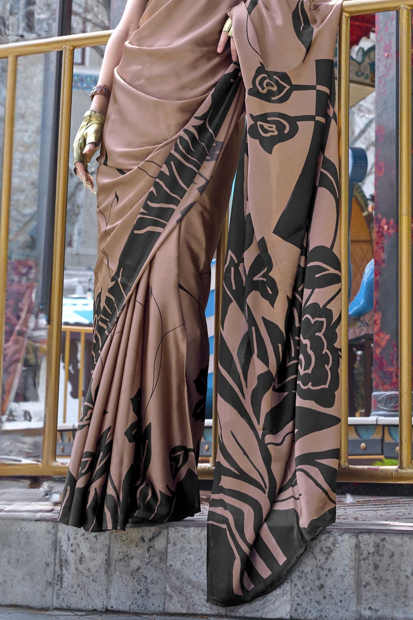 Buy MySilkLove Hickory Brown Printed Satin Crepe Silk Saree Online