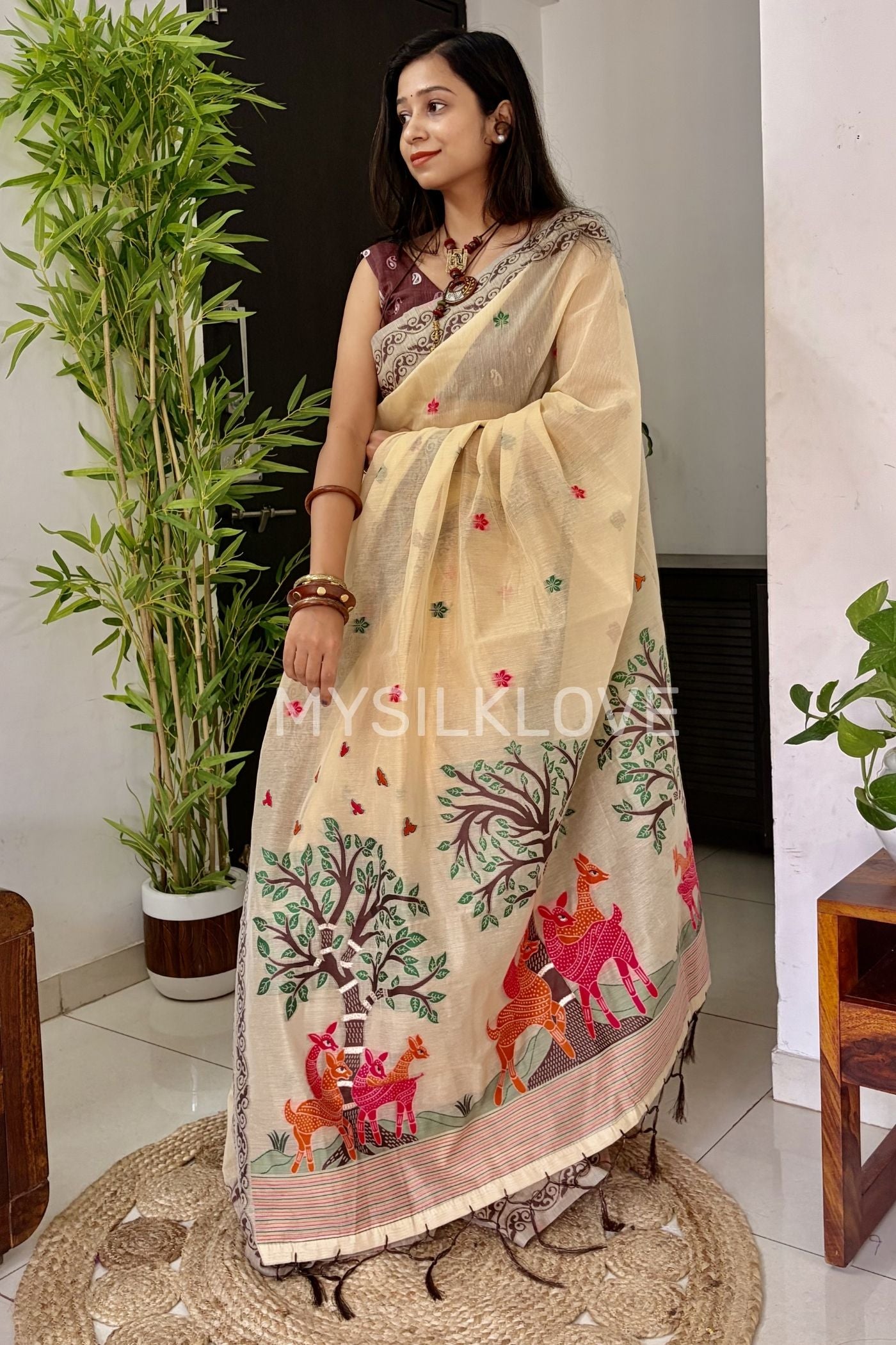 Buy MySilkLove Brandy Handloom Muga Cotton Saree Online
