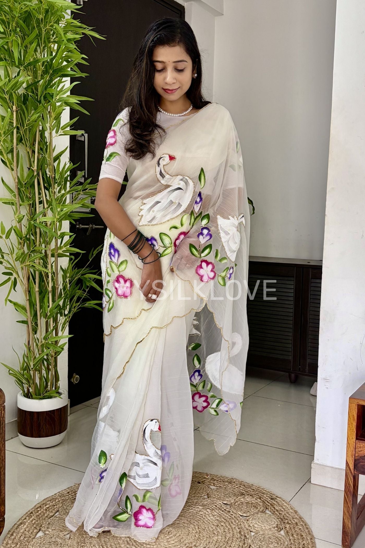 MySilkLove Swiss White Chiffon Hand painted Floral Saree With sequin Woven Border Without Blouse