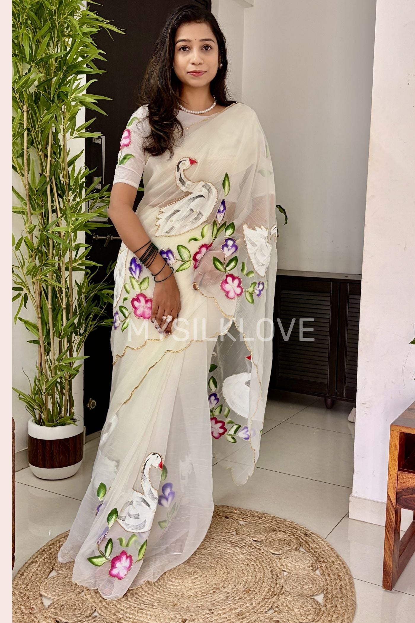 Buy MySilkLove Swiss White Chiffon Hand painted Floral Saree With sequin Woven Border Without Blouse Online
