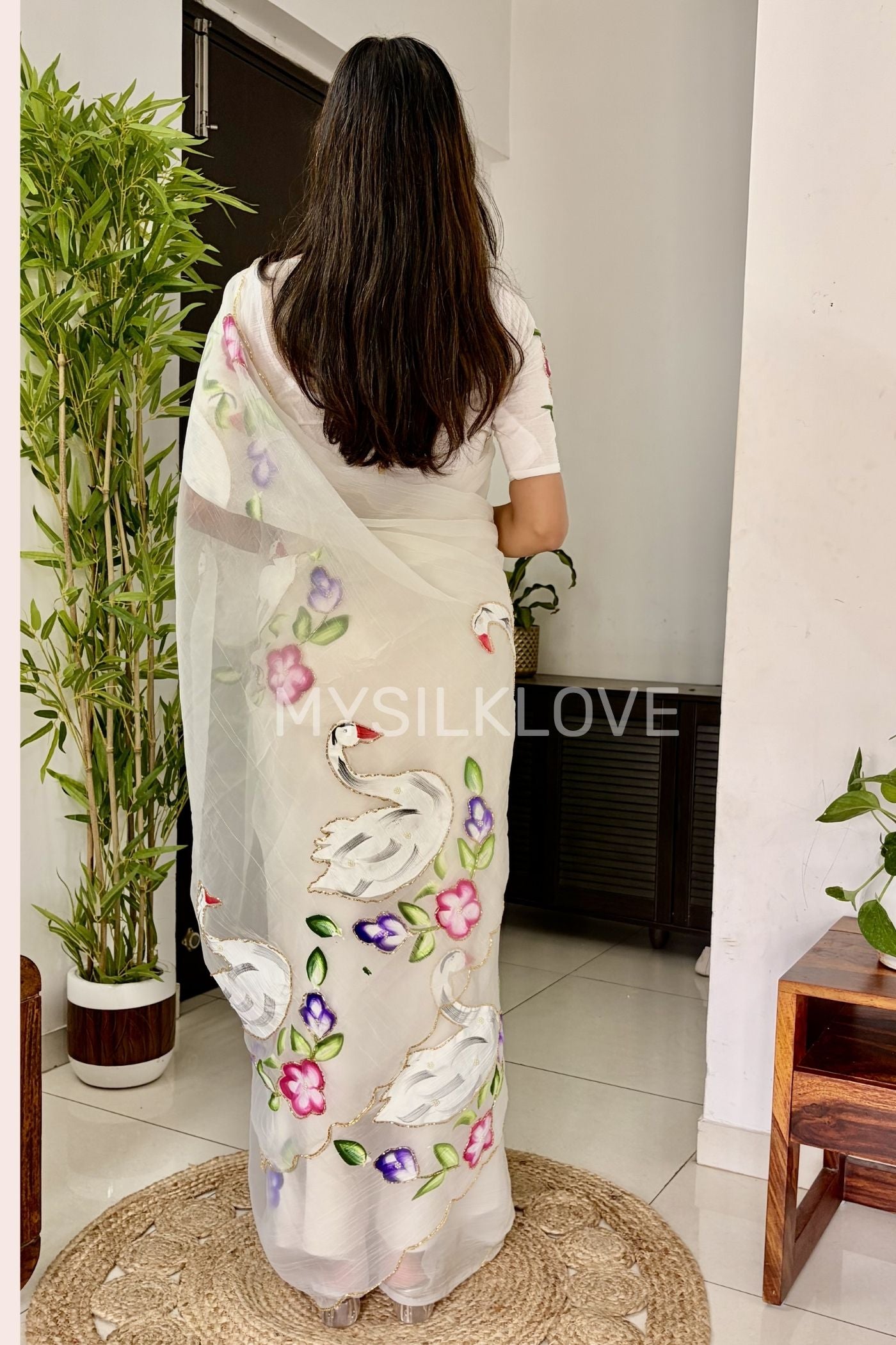 Buy MySilkLove Swiss White Chiffon Hand painted Floral Saree With sequin Woven Border Without Blouse Online