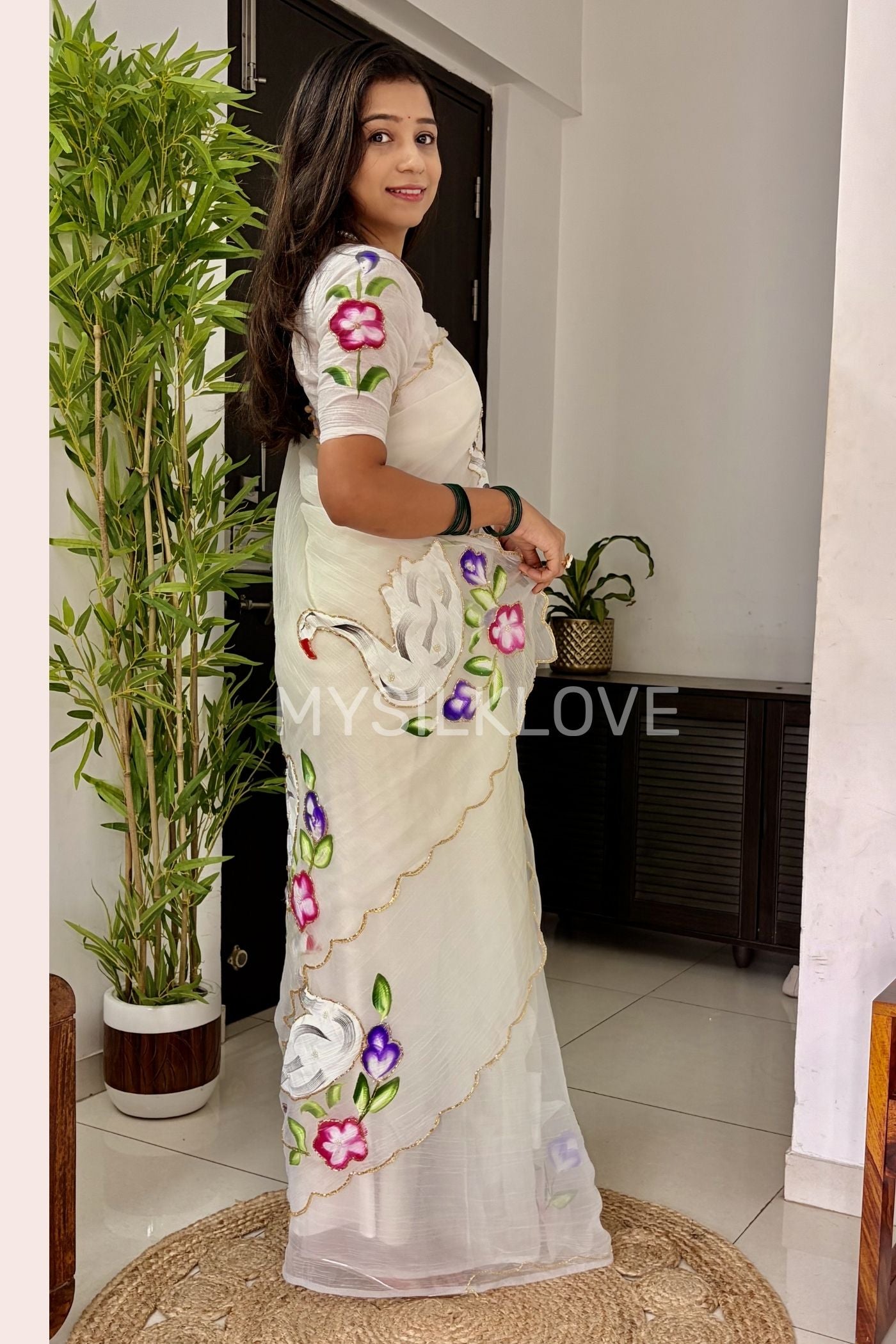 Buy MySilkLove Swiss White Chiffon Hand painted Floral Saree With sequin Woven Border Without Blouse Online