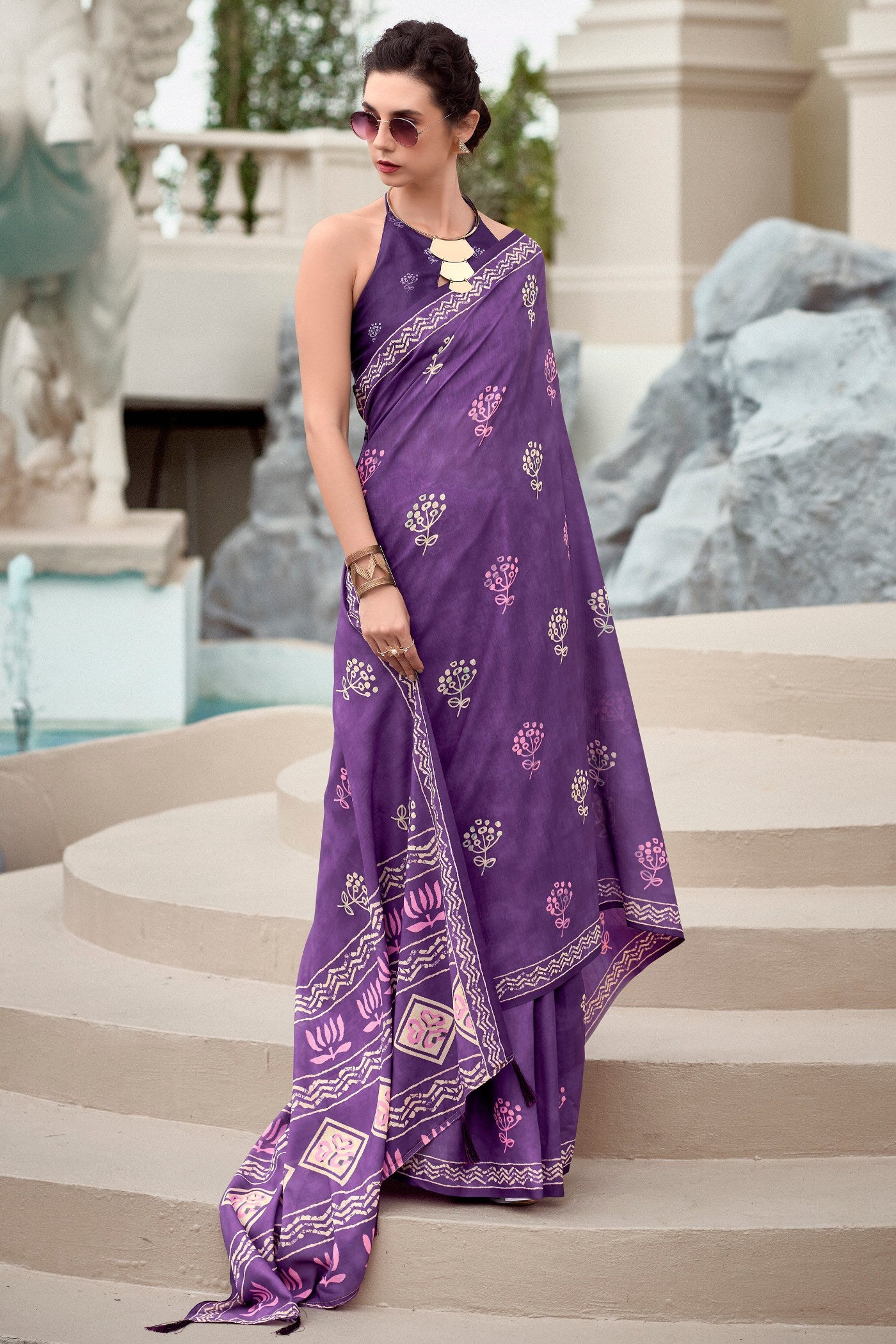 Buy MySilkLove Glossy Grape Purple Mul Mul Cotton Saree Online