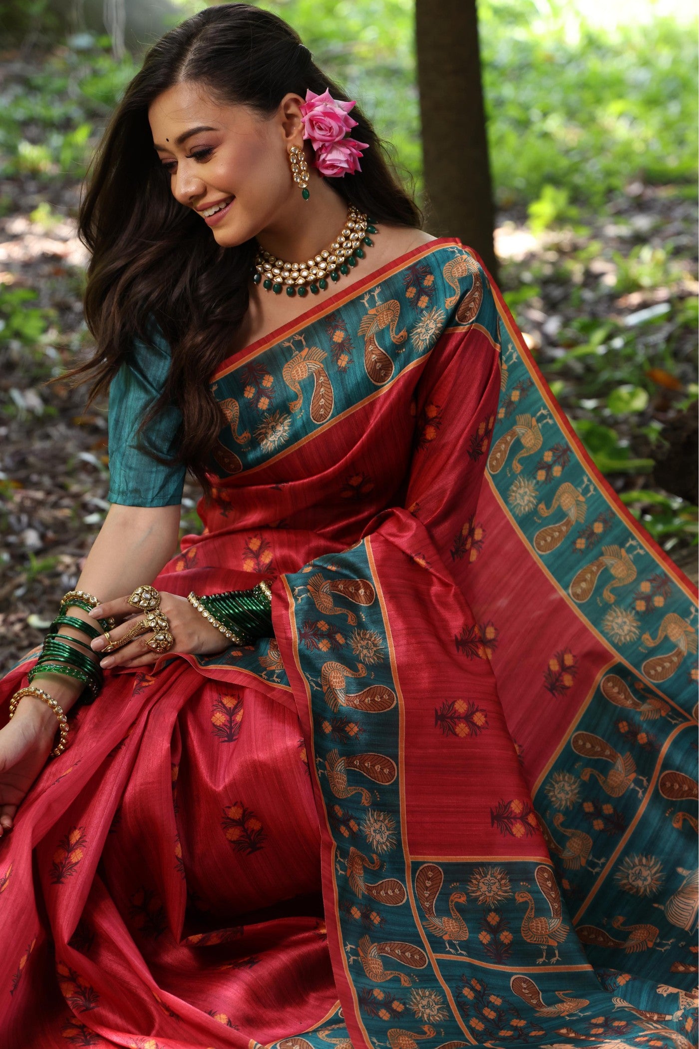 Buy MySilkLove Imperial Red Madhubani Tussar Printed Silk Saree Online