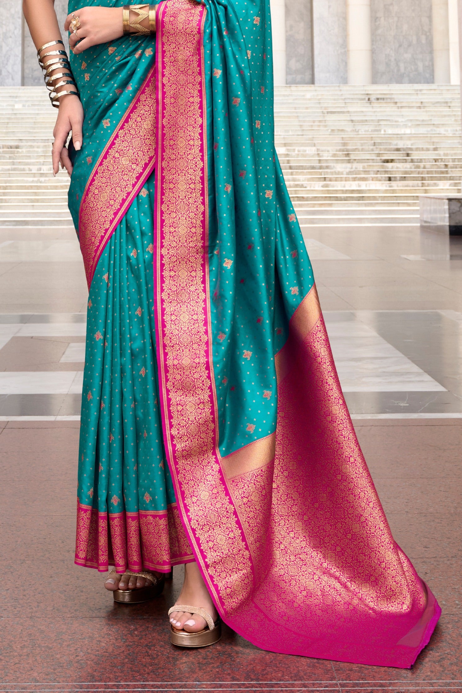 Buy MySilkLove Deep Aqua Blue Zari Woven Banarasi Soft Silk Saree Online