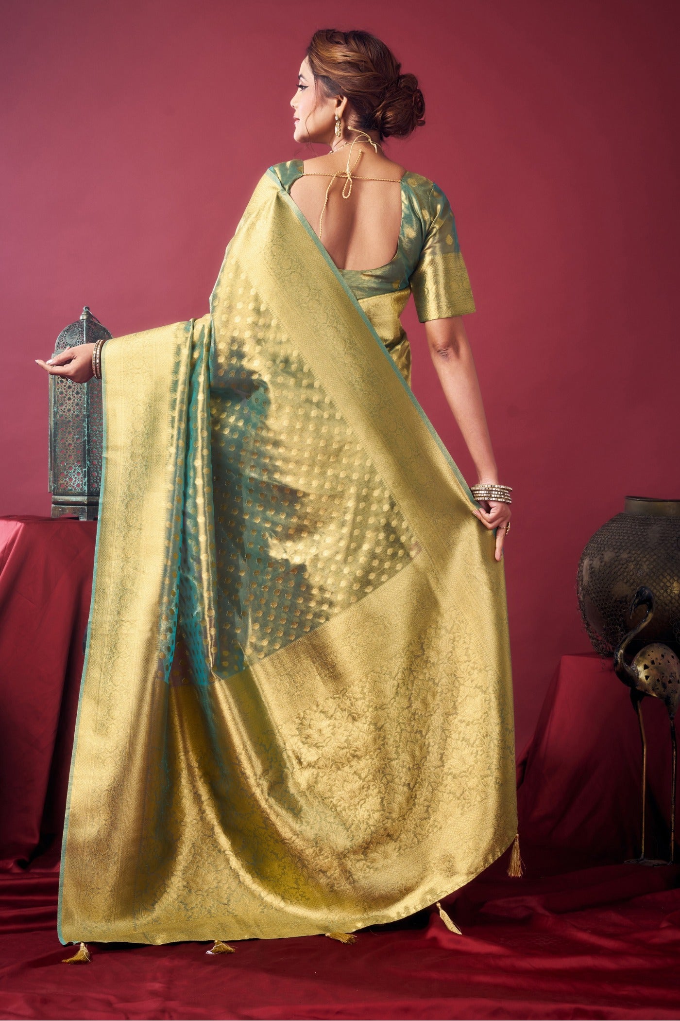 Buy MySilkLove Pine Green Handloom Tissue Silk Saree Online