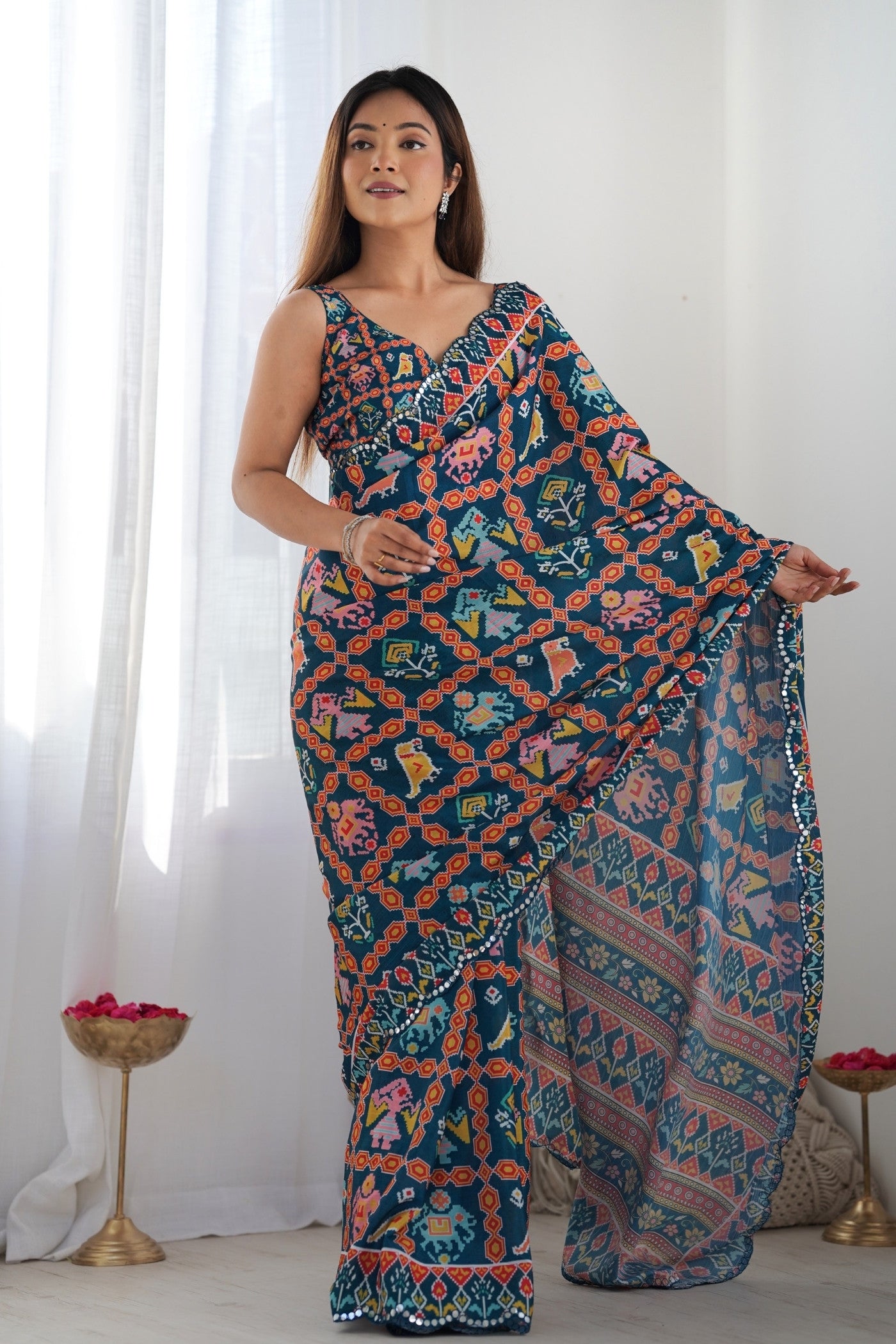 Buy MySilkLove Azure Blue Digital Printed Chinon Saree Online