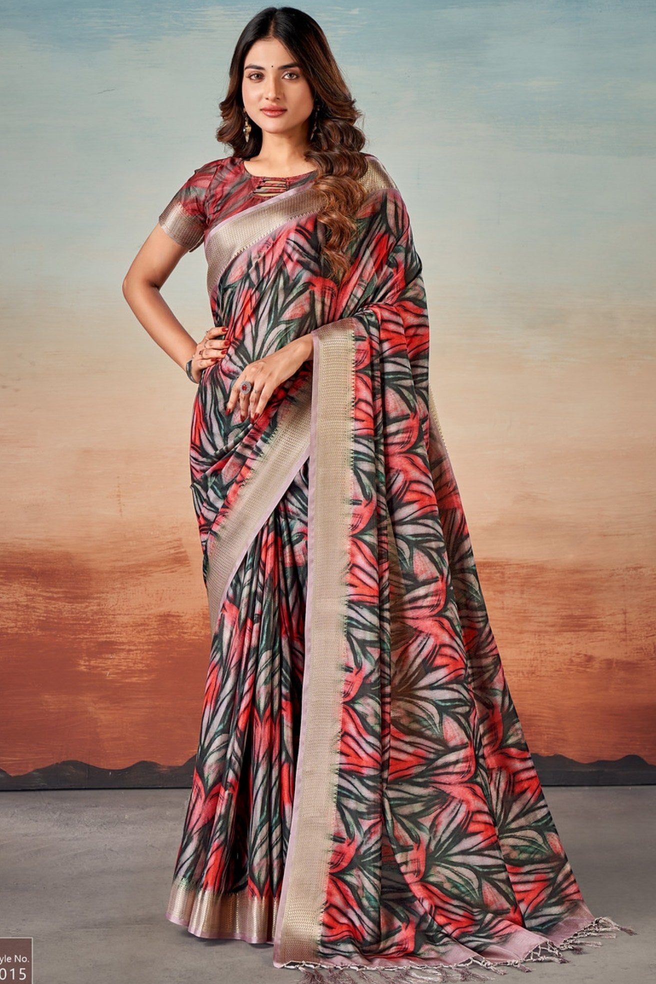 Buy MySilkLove Chilli Red and Black Banarasi Digital Printed Saree Online