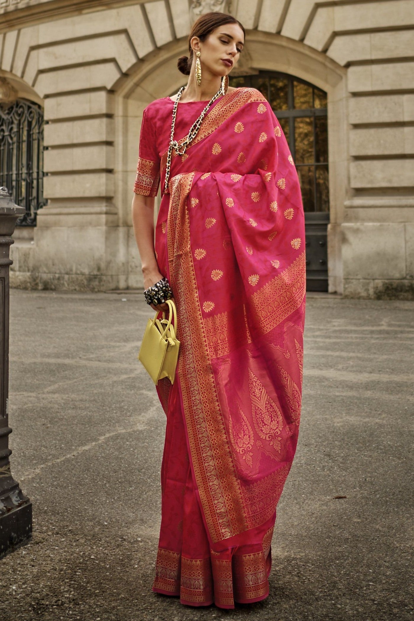 Buy MySilkLove Garden Rose Pink Banarasi Handloom Saree Online