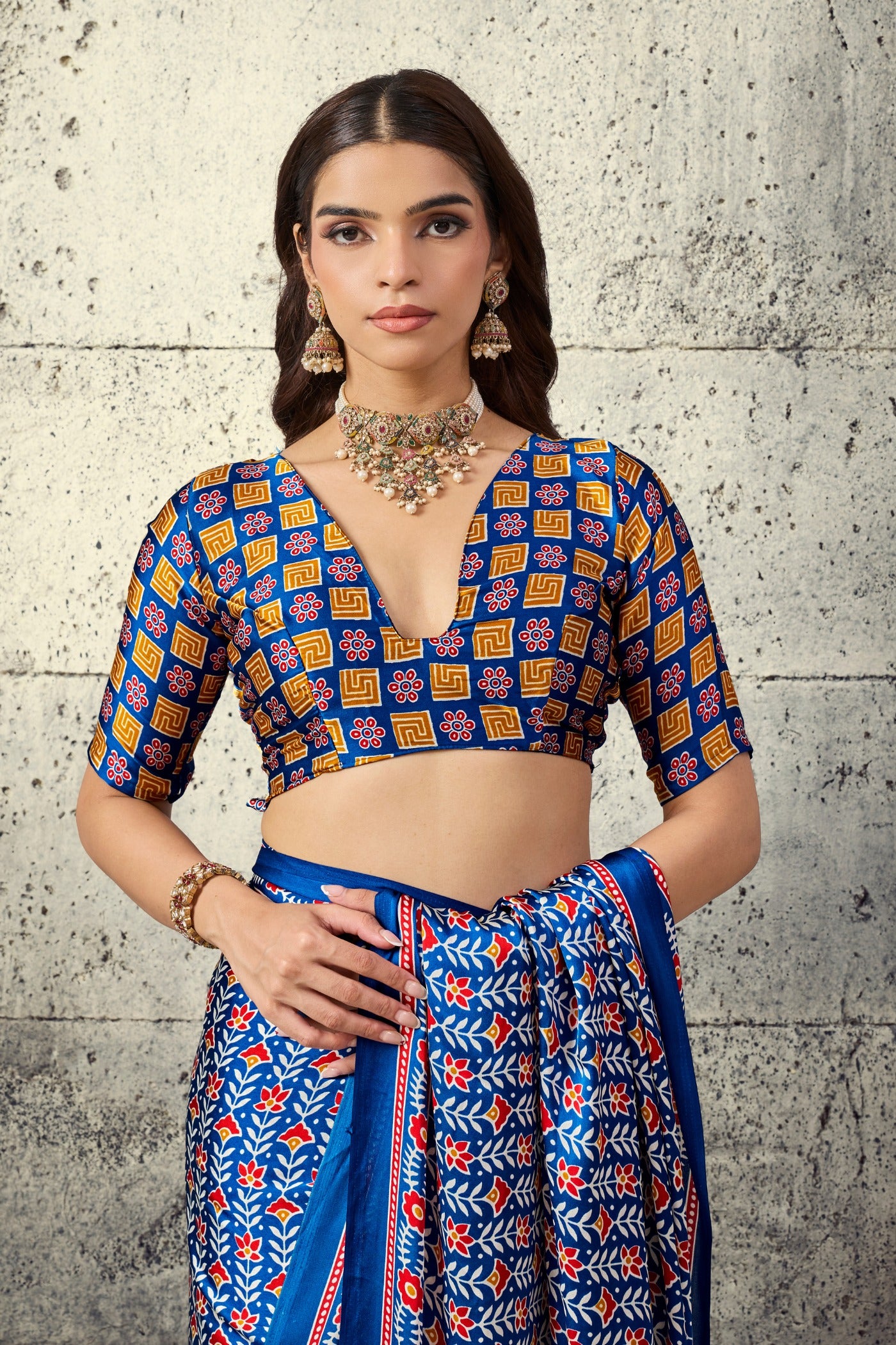 Buy MySilkLove Electric Blue Modal Ajrakh Satin Printed Silk Saree Online