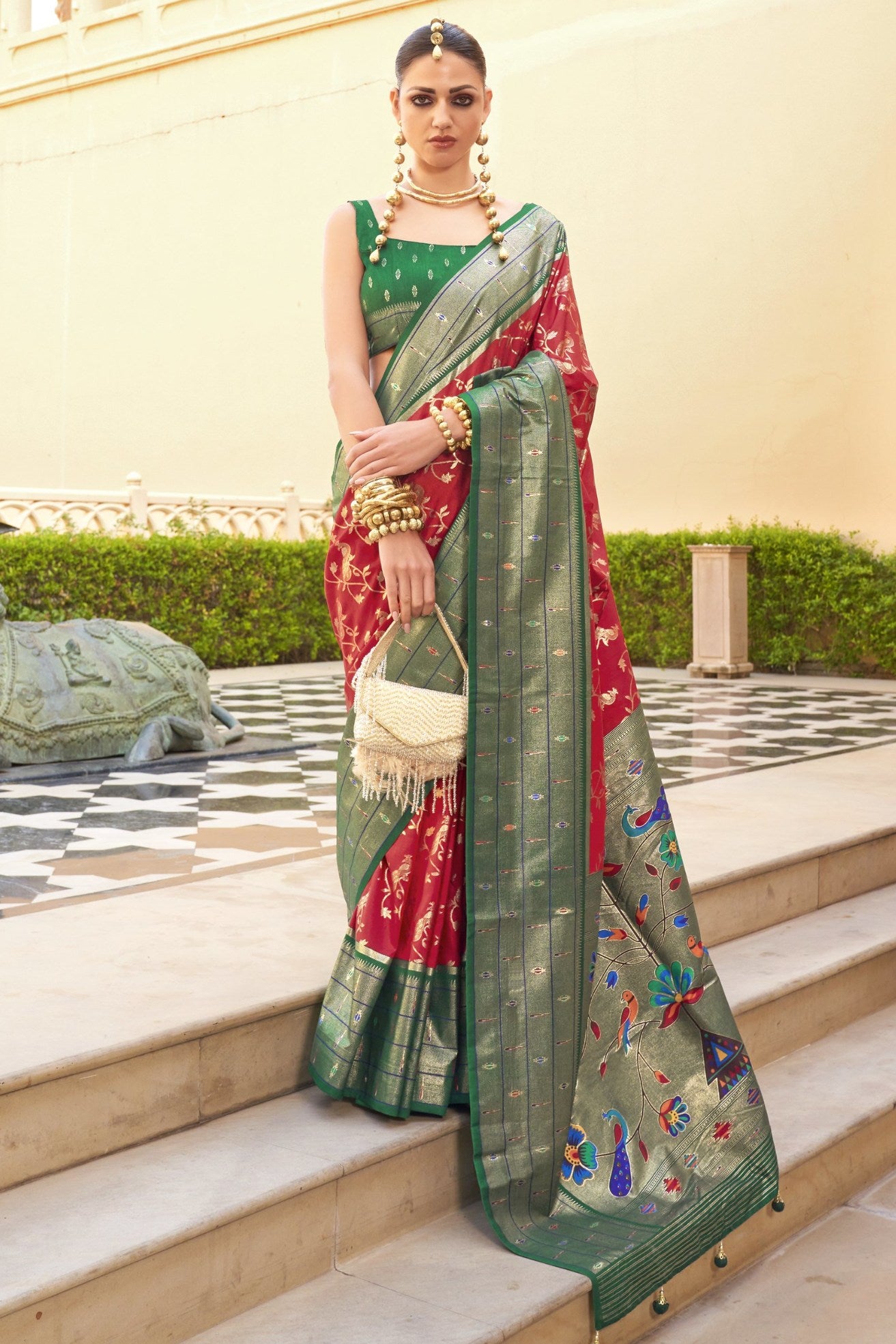 Buy MySilkLove Fire Red and Green Woven Paithani Designer Saree Online