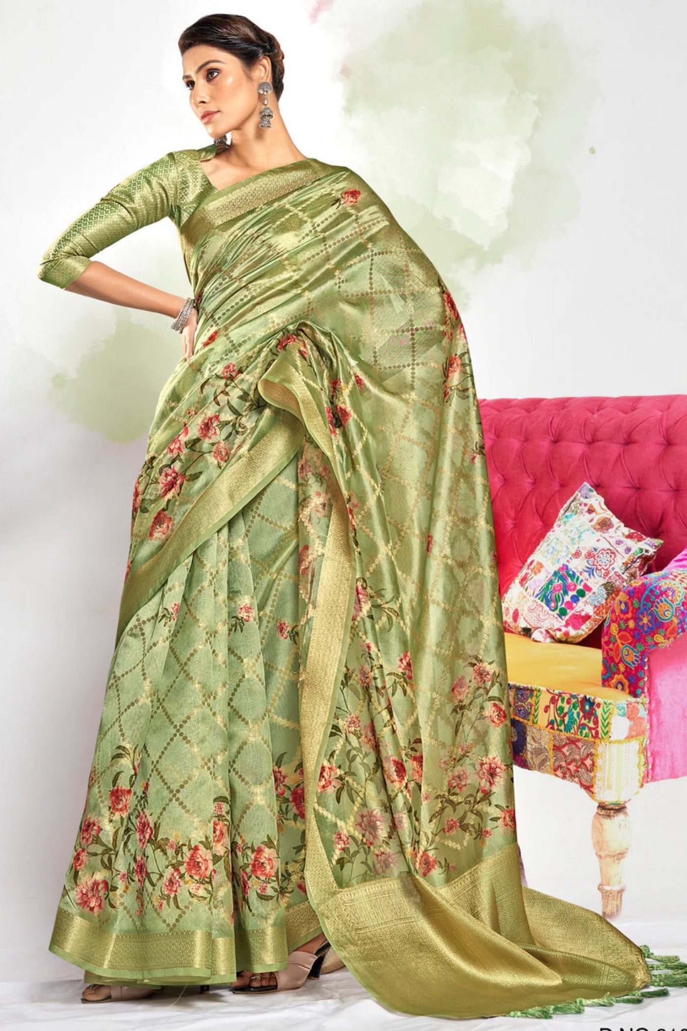 Buy MySilkLove Locust Green Digital Printed Banarasi Saree Online