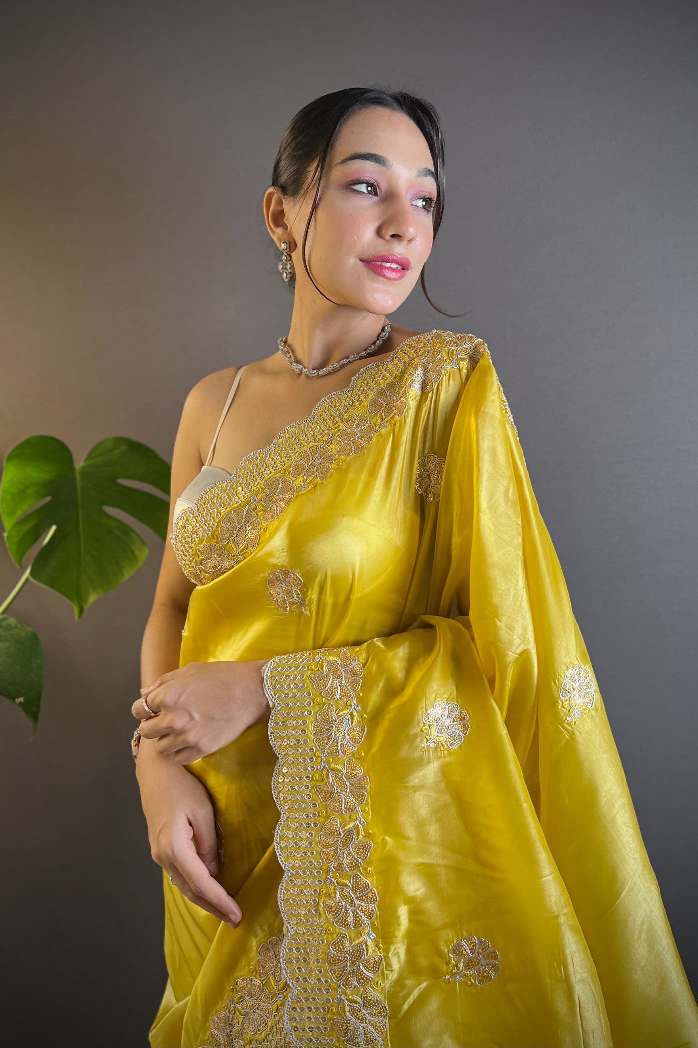 MySilkLove Old Gold Yellow Embroidered Party Wear Saree