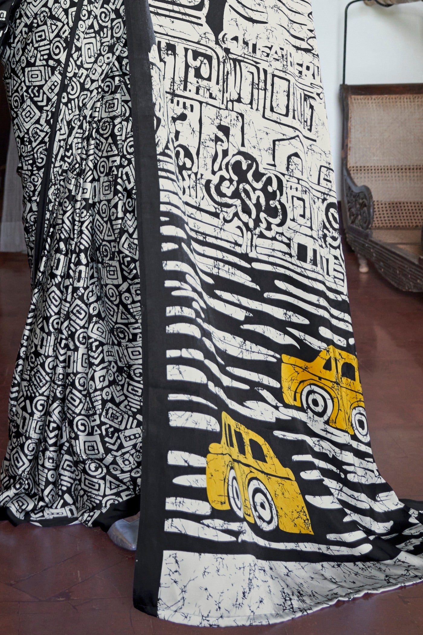 Buy MySilkLove Ink Black and White Printed Satin Crepe Silk Saree Online