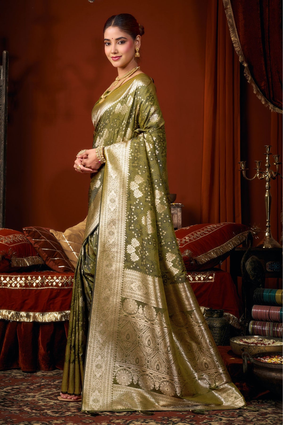 Buy MySilkLove Avocado Green Woven Banarasi Jacquard Soft Silk Saree Online
