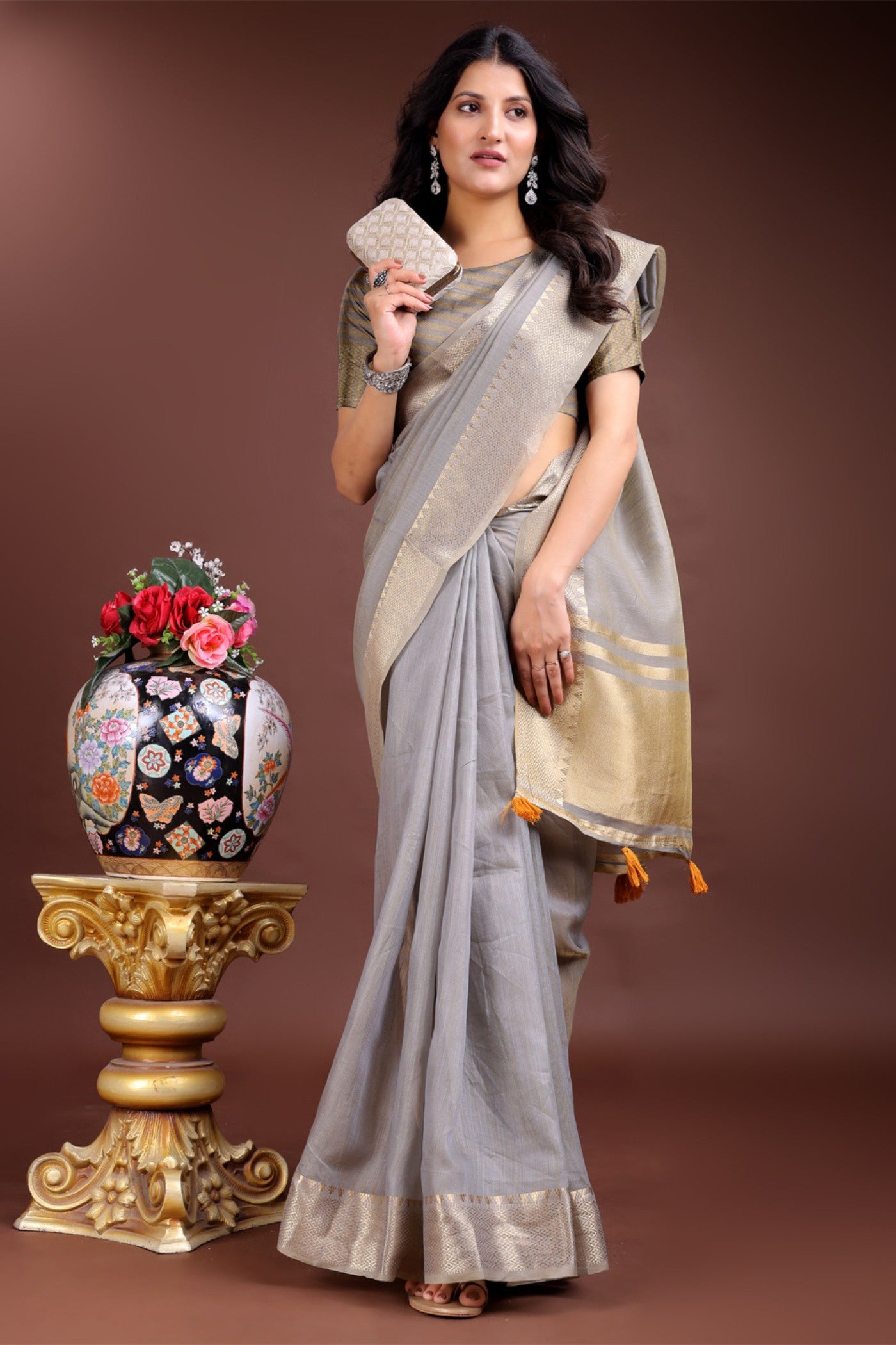 Buy MySilkLove Cloud Grey Woven Cotton Saree Online