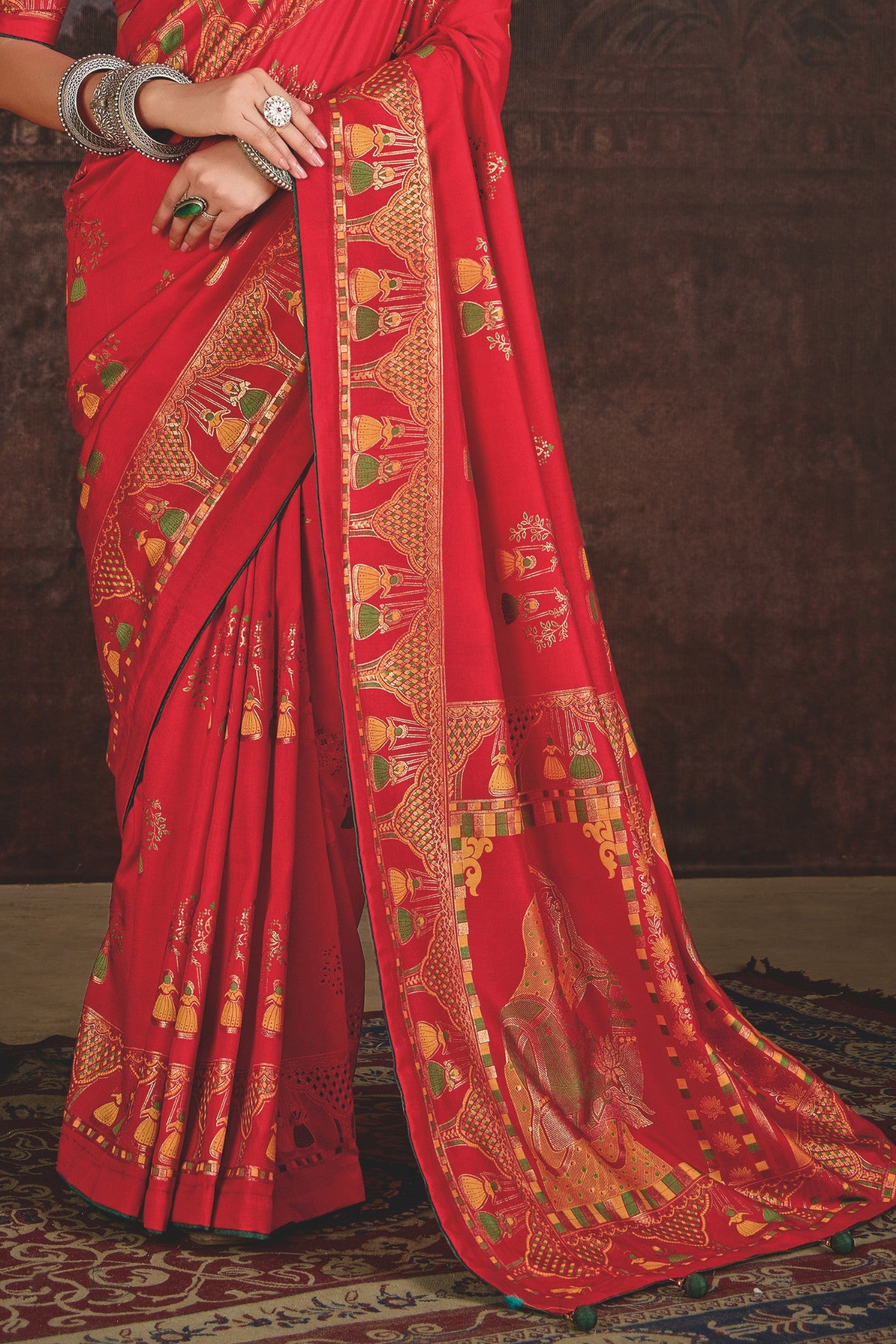 Buy MySilkLove Capsicum Red Tussar Rajwadi Printed Silk Saree Online