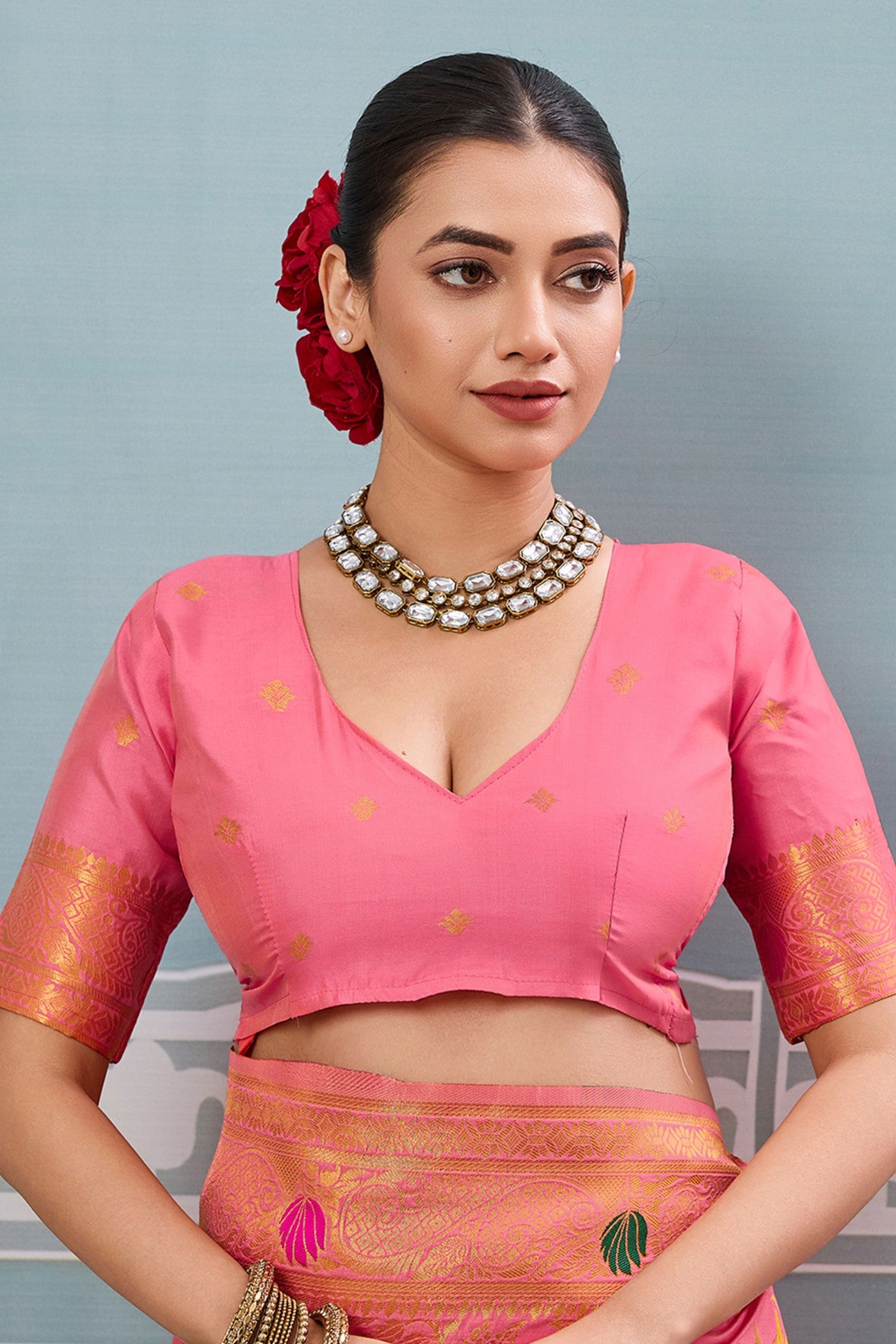 Buy MySilkLove Cherry Pink Woven Banarasi Saree Online