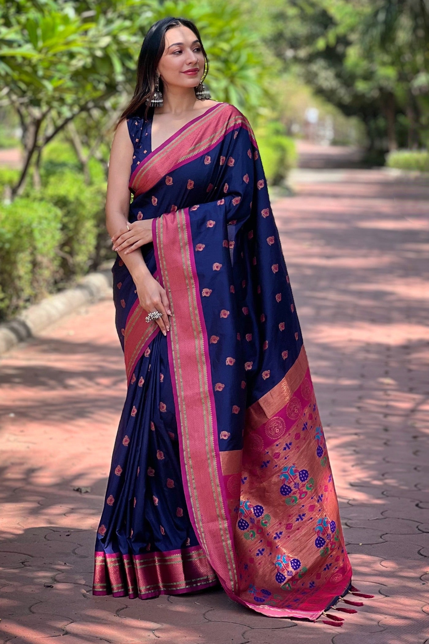 Buy MySilkLove Navy Blue Woven Paithani Saree Online