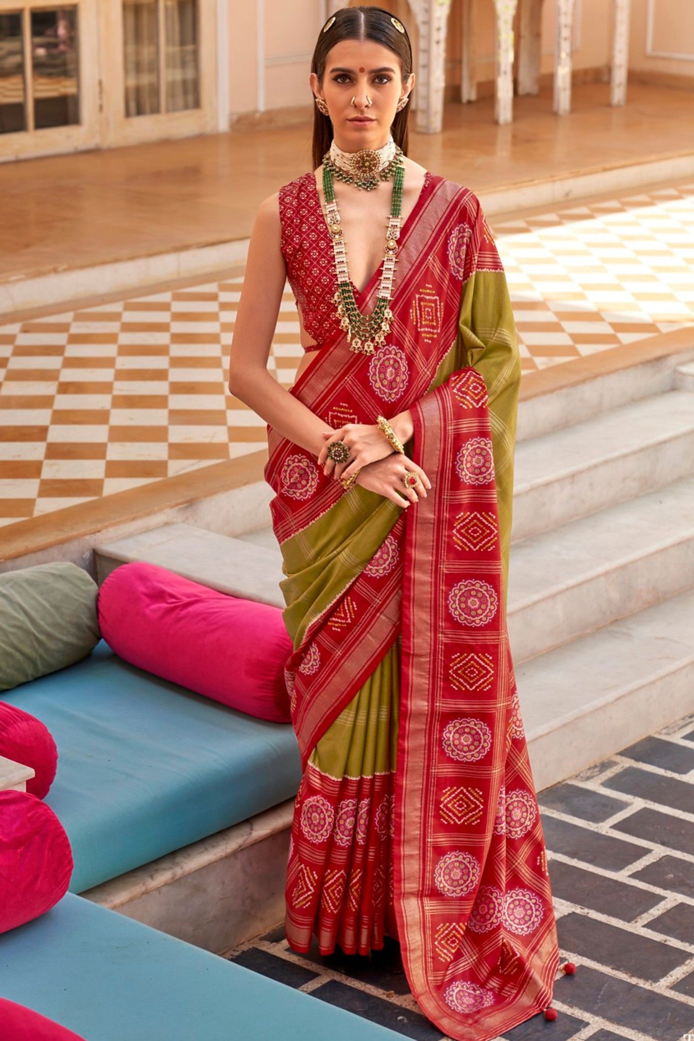 Buy MySilkLove Mehendi Green and Red Printed Patola Saree Online