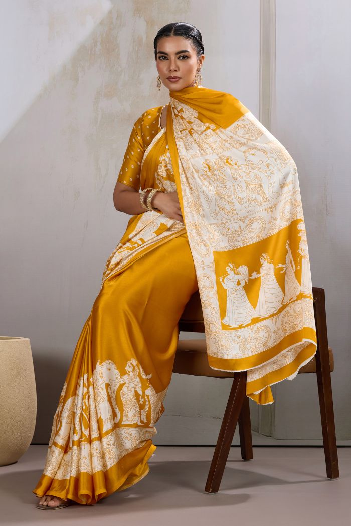 Buy MySilkLove Saffron Yellow Modal Ajrakh Printed Satin Silk Saree Online